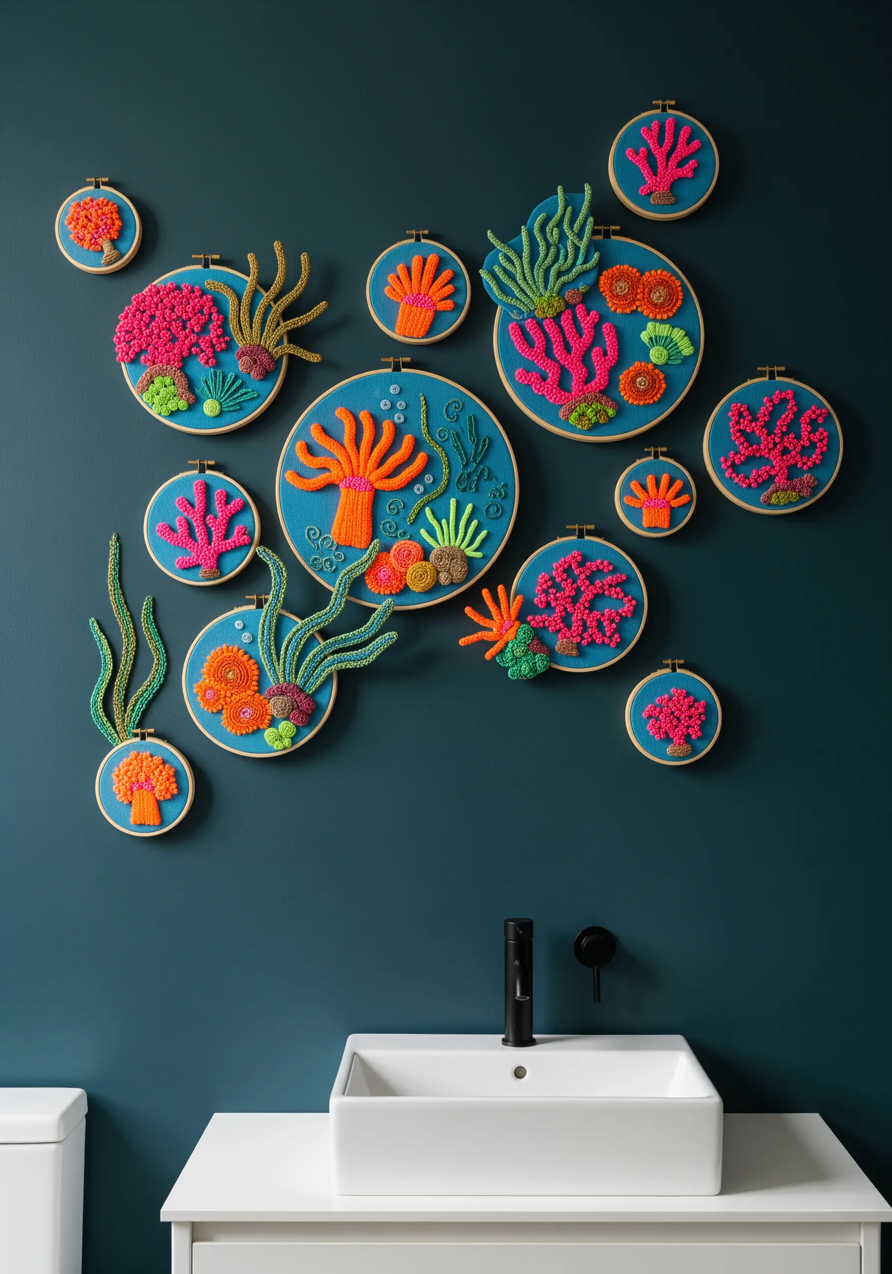 A collection of embroidery hoops with vibrant, textured coral and sea plants on blue fabric.