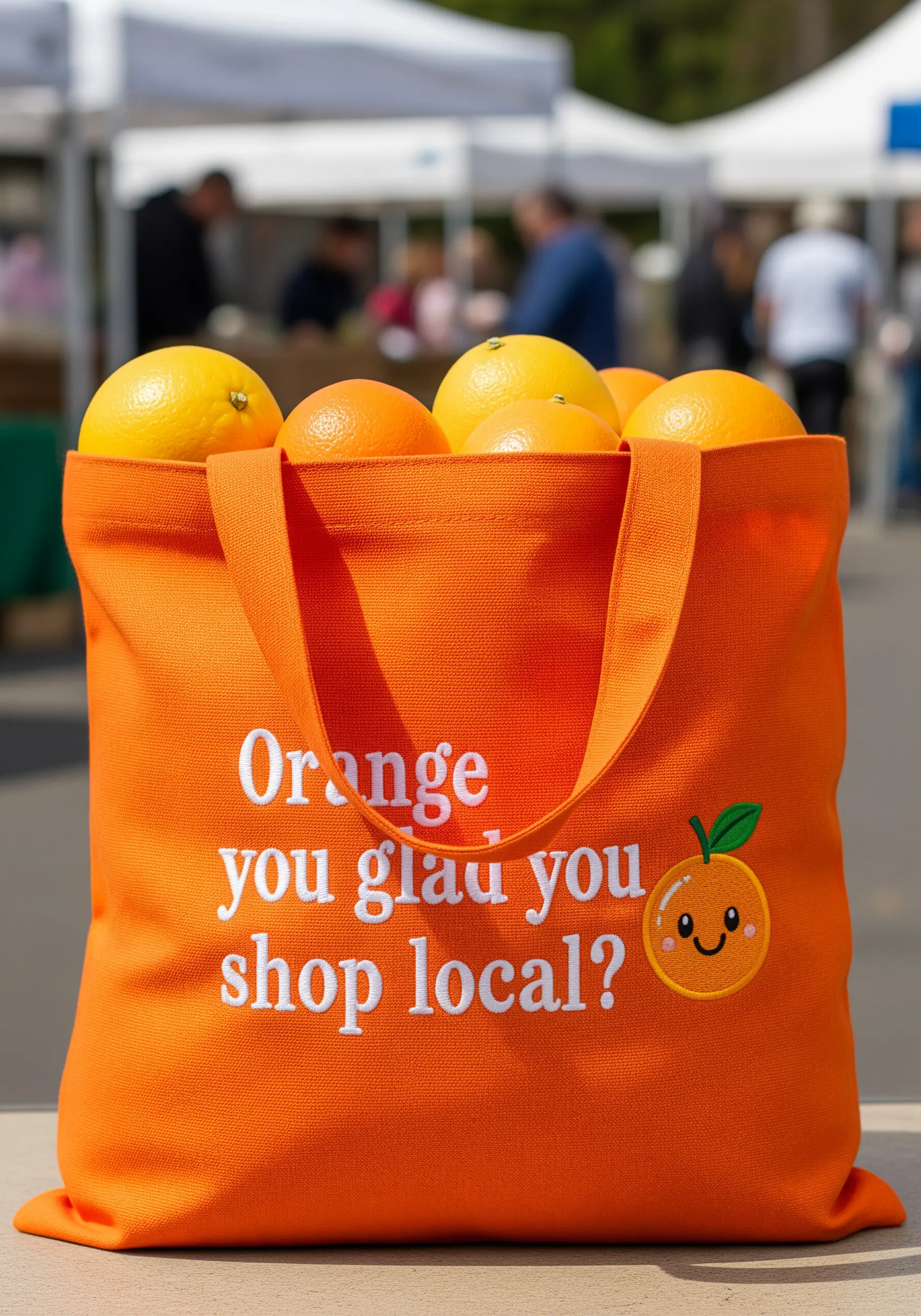 Orange tote bag with the pun 'Orange you glad you shop local?' and a cute orange character.