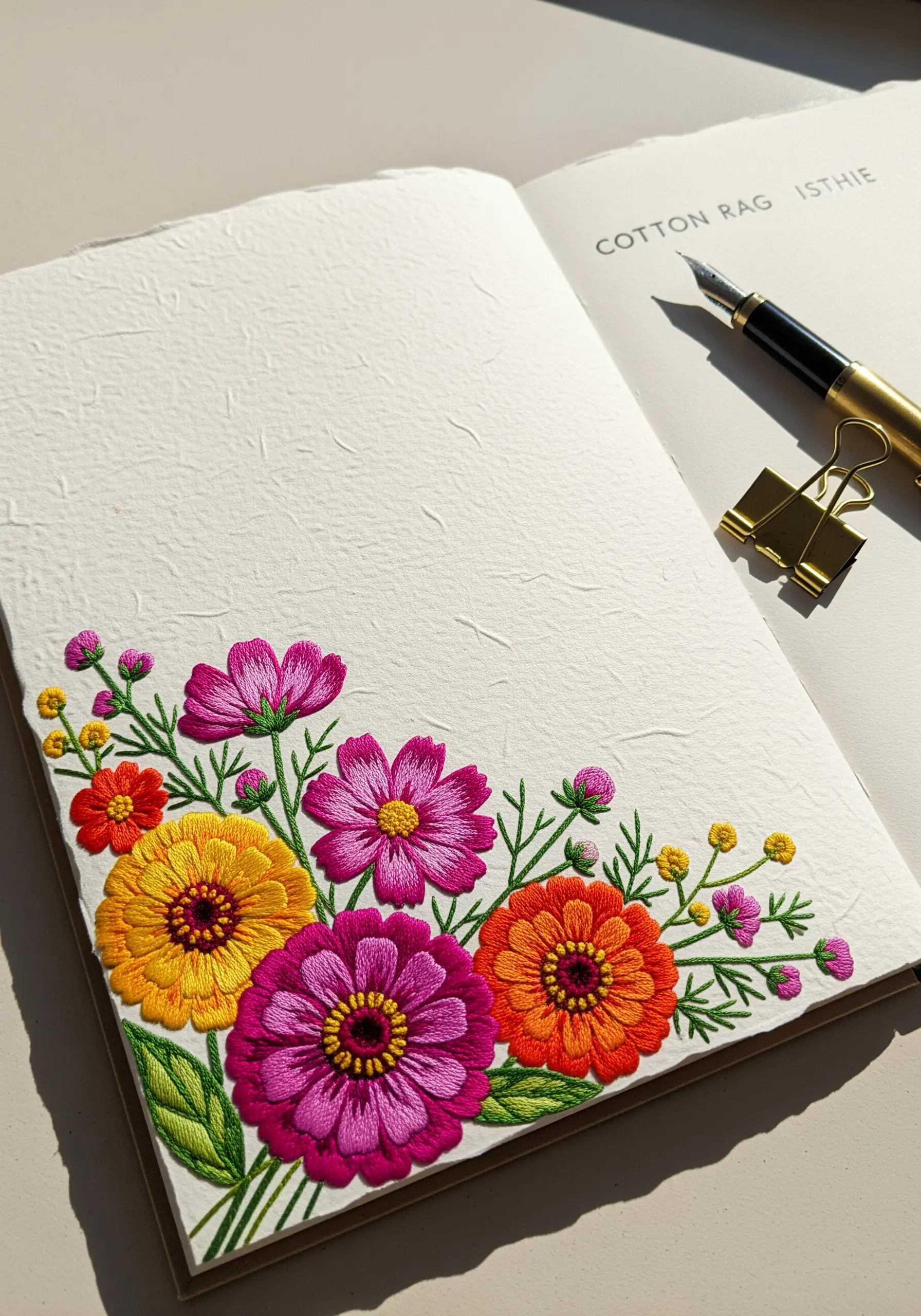 Vibrant satin-stitched flowers embroidered onto a textured cotton rag journal page.