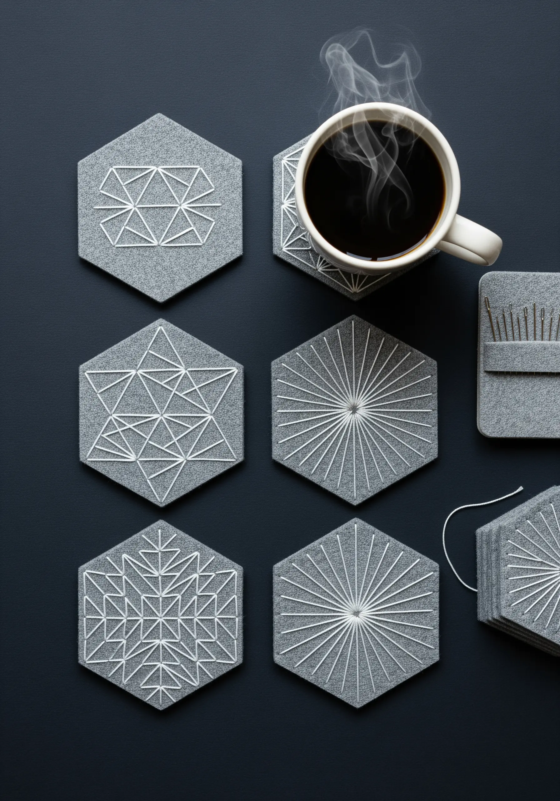 A set of modern geometric patterns stitched in white thread onto gray felt coasters.