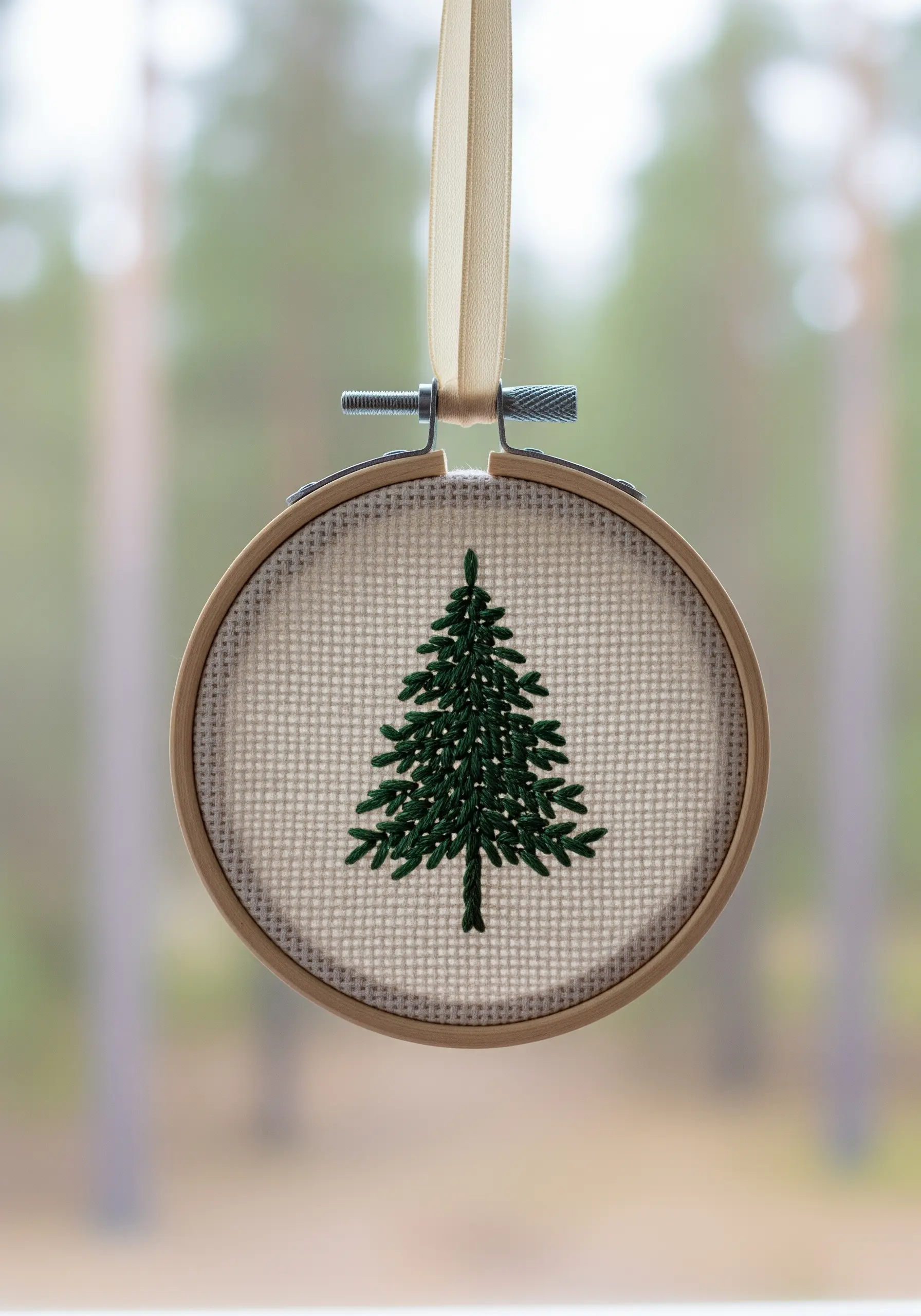 A single pine tree embroidered with fishbone stitch for texture.