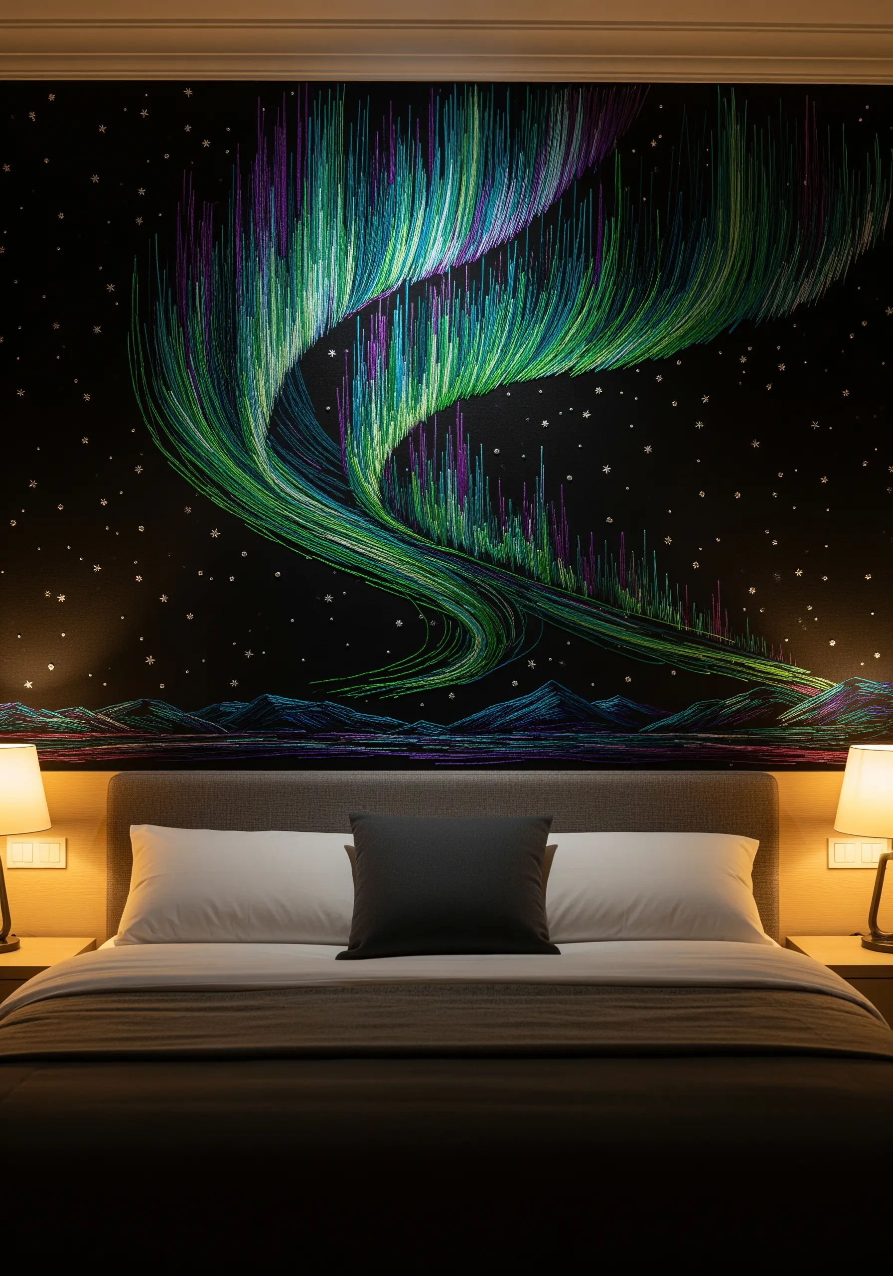 Embroidery mural of the aurora borealis using long vertical stitches in green, blue, and purple.