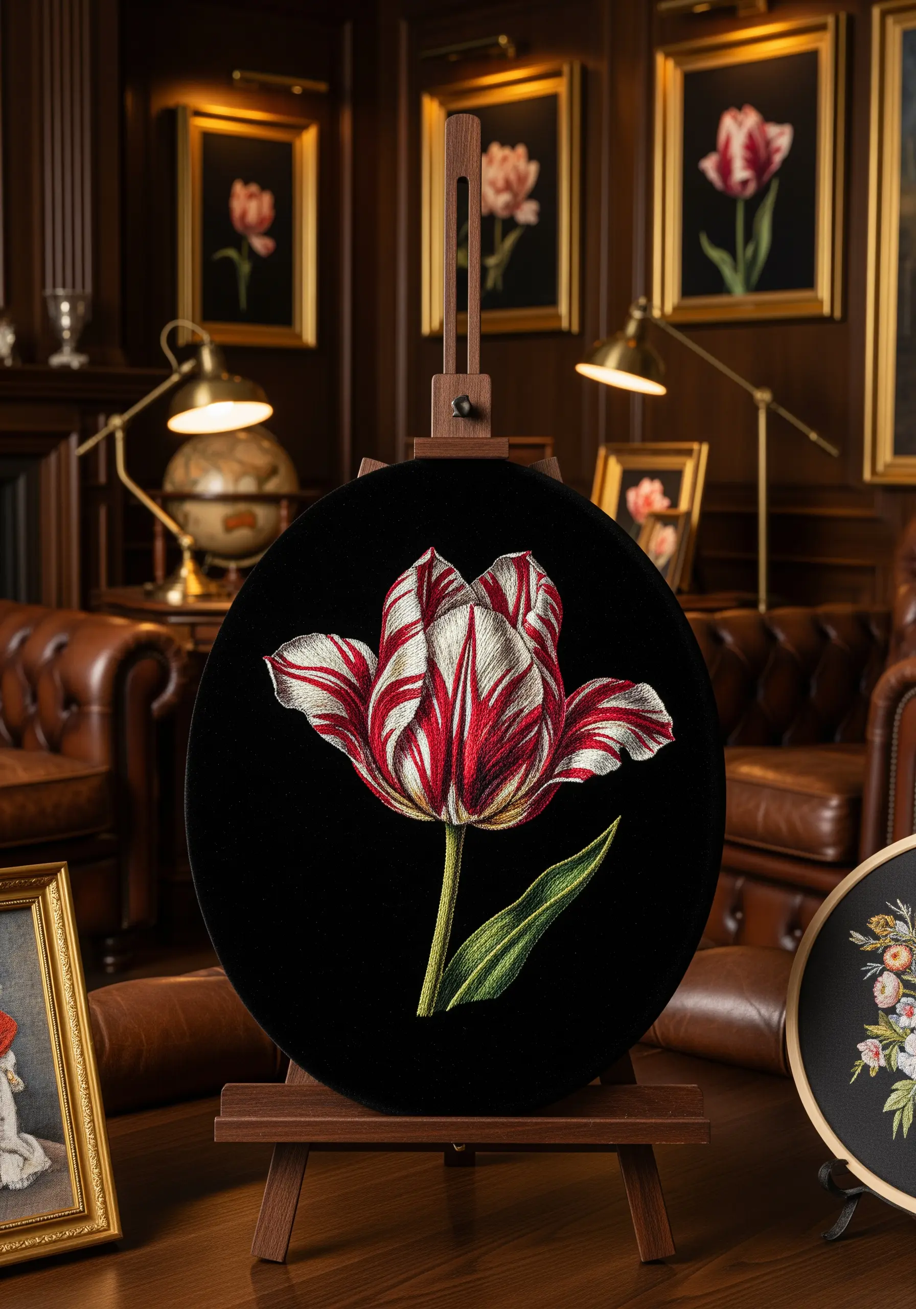 A single, highly detailed Rembrandt tulip with red and white stripes stitched on black velvet.