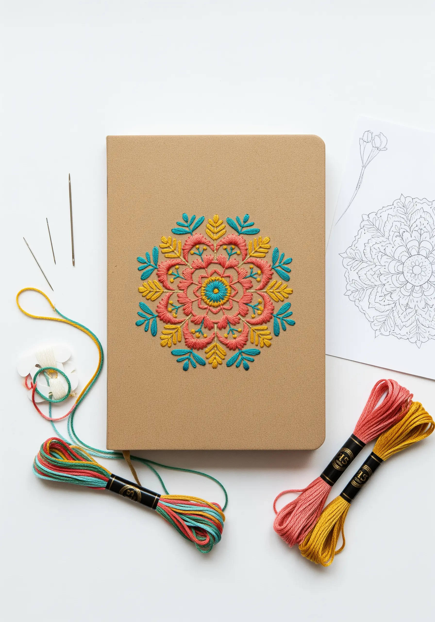 A brightly colored mandala with pink, yellow, and teal thread embroidered on a kraft paper journal cover.