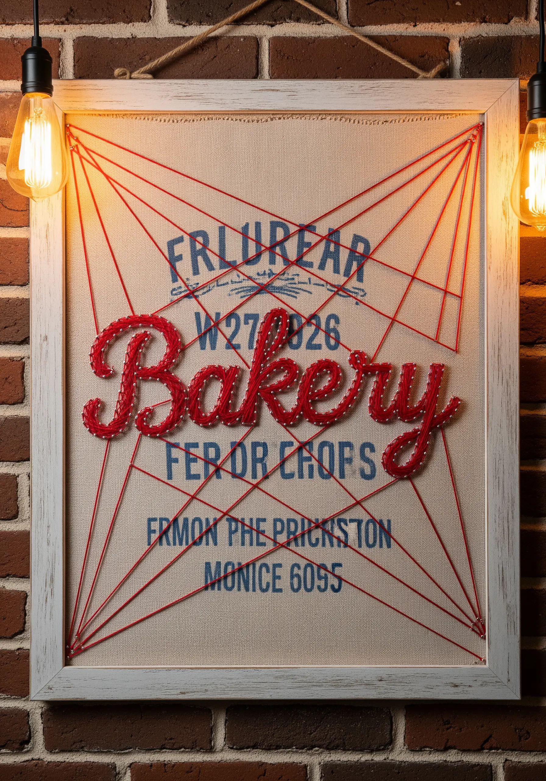 A red script 'Bakery' embroidered over a vintage printed background on burlap.