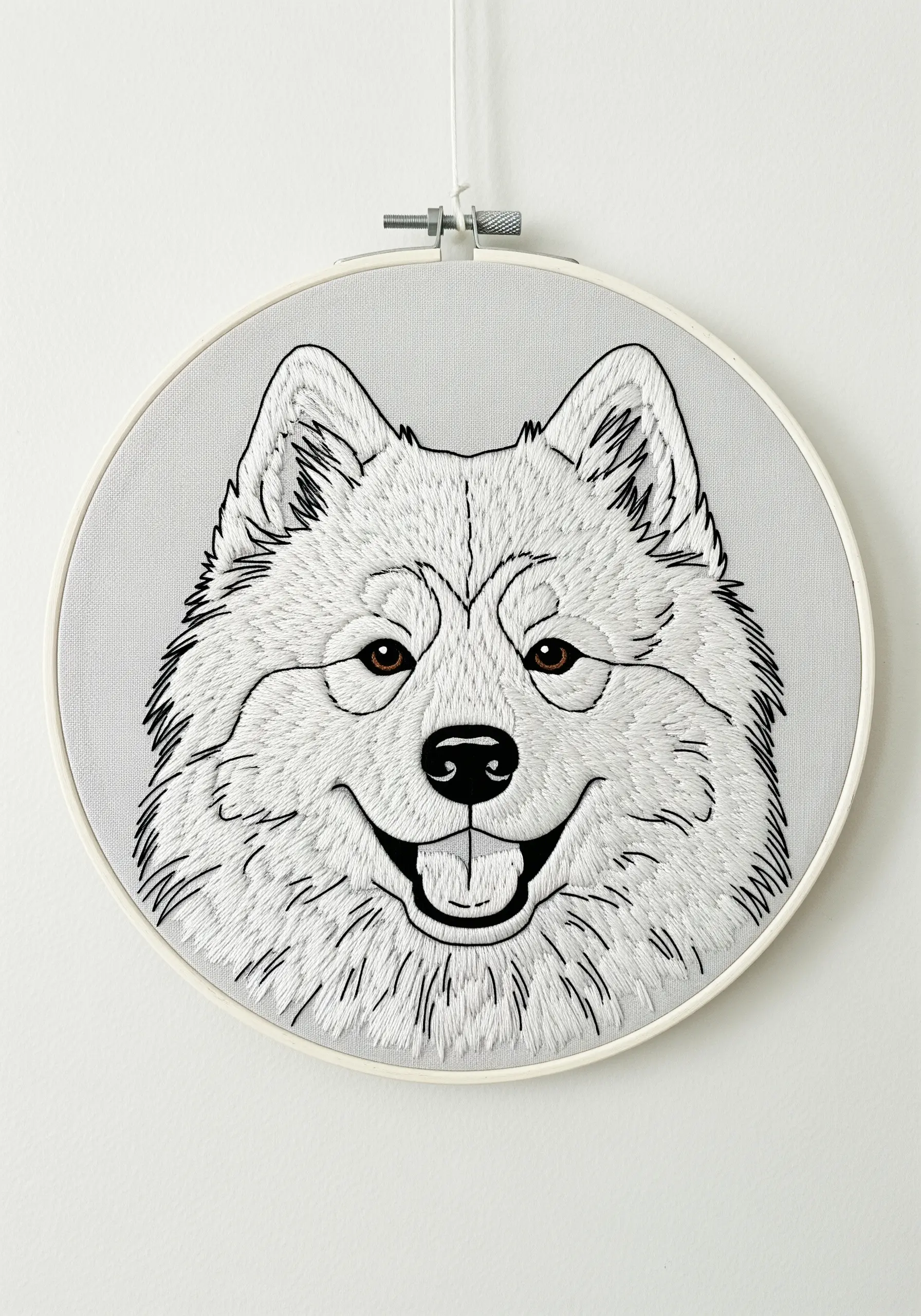A fluffy white Samoyed portrait using thread painting to create realistic fur texture.
