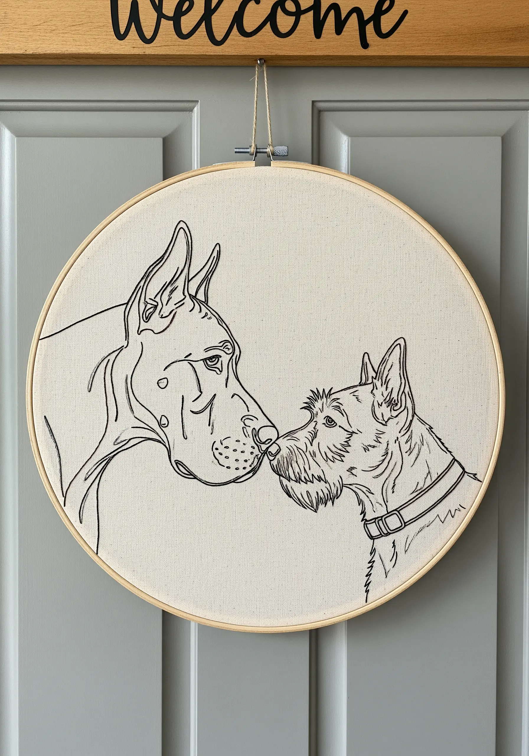Line art embroidery of a Great Dane and a Schnauzer gently touching noses.