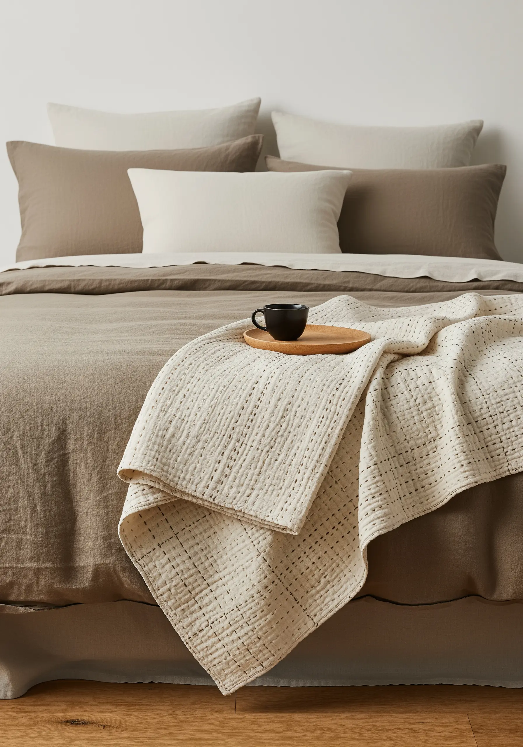 A cream-colored blanket with a grid of dark running stitches, in the style of Kantha.