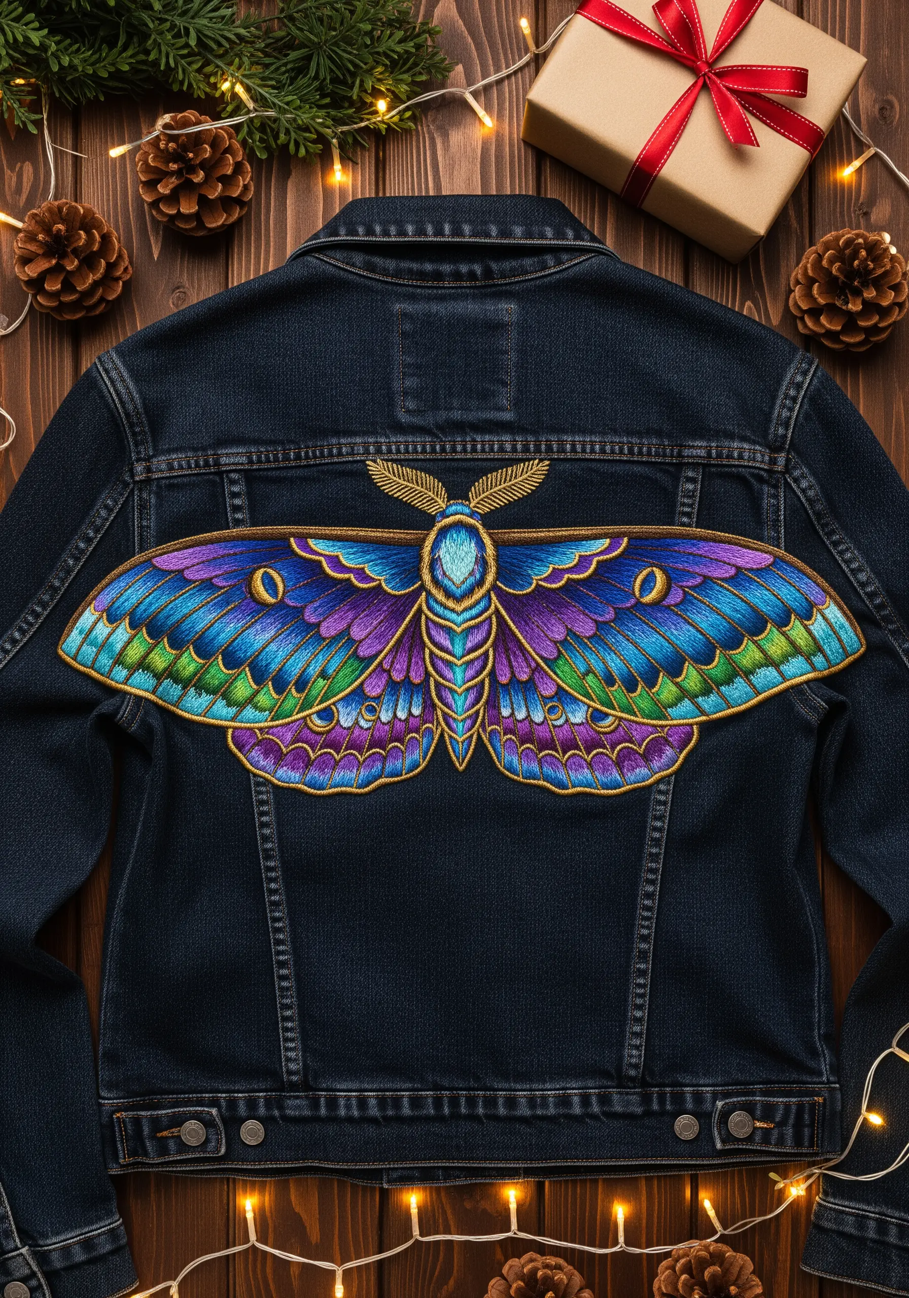A large, colorful embroidered moth with purple, blue, and green wings on the back of a denim jacket.