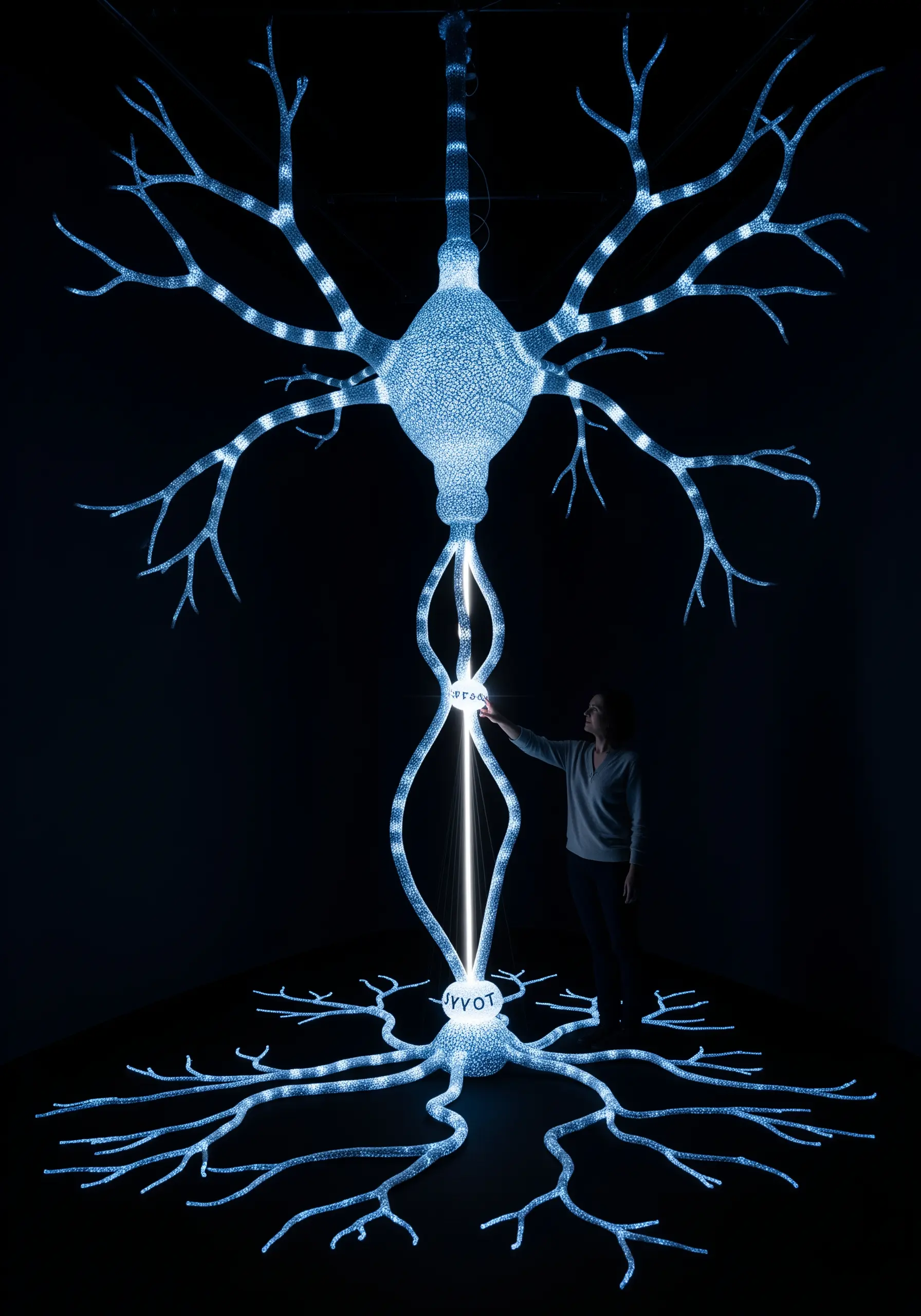 A giant, glowing blue neuron made of intricate fiber art, illuminated in a dark room.