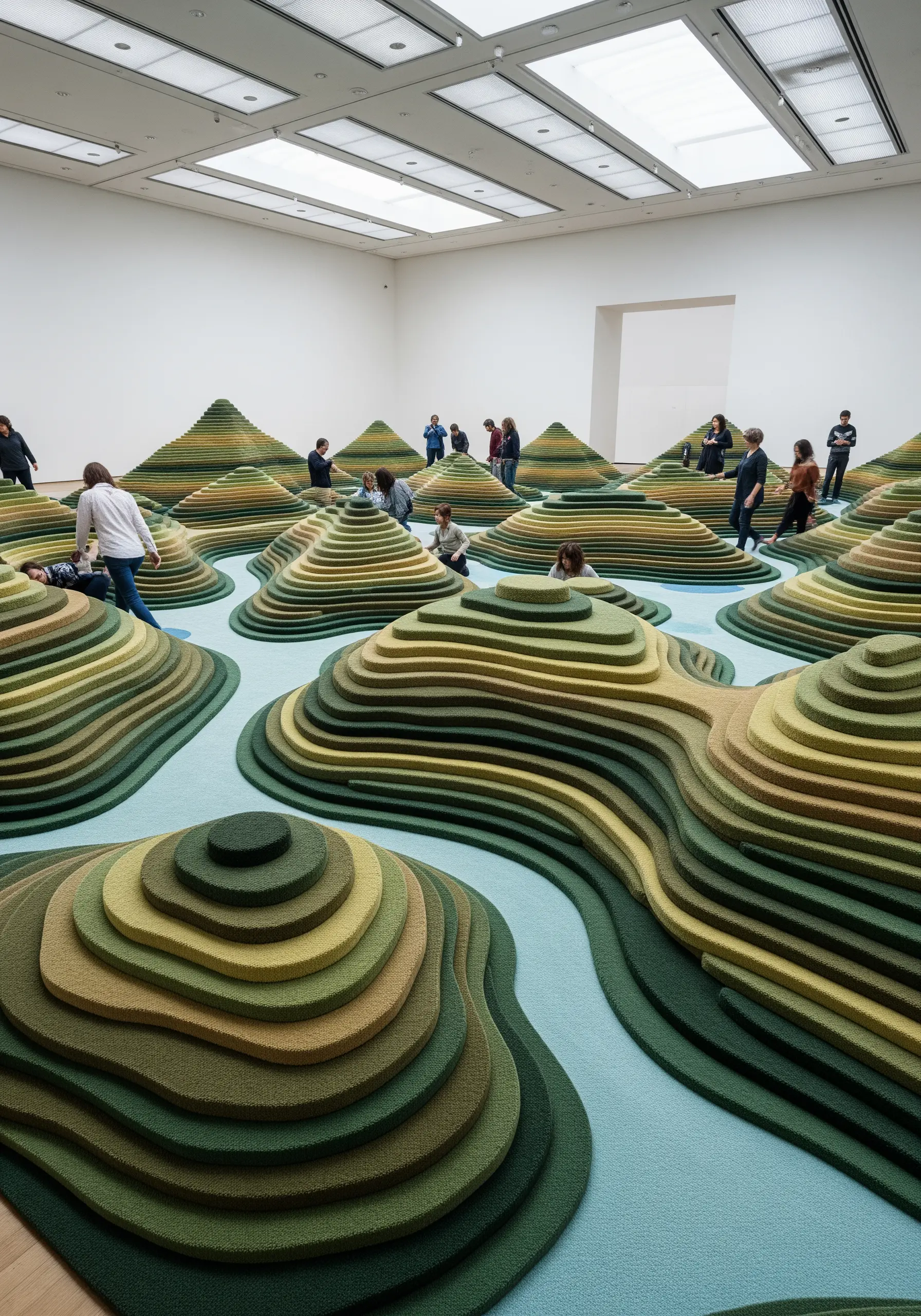 A landscape of green and brown tiered hills made from layered fabric, resembling a contour map.