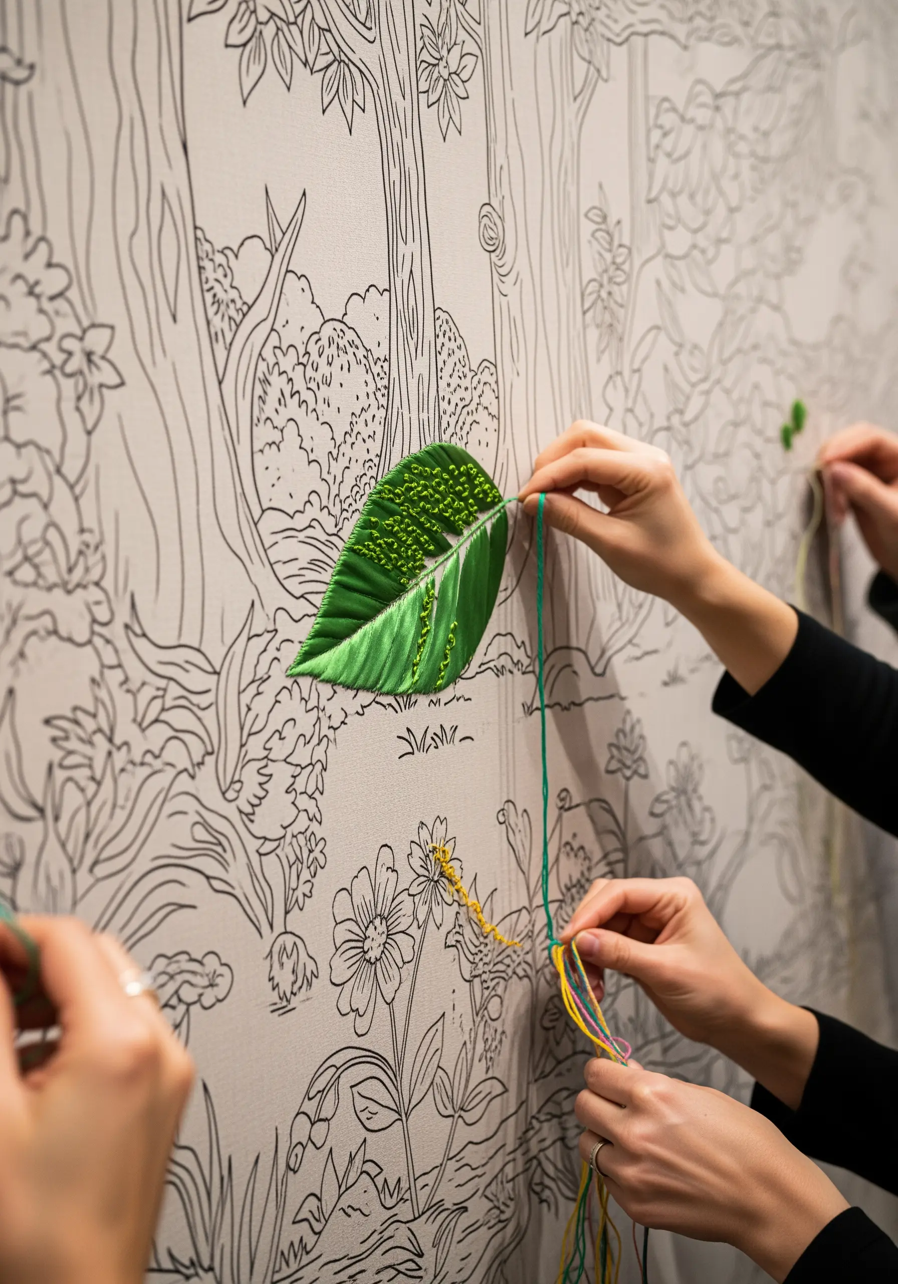 Multiple hands embroidering a single large leaf on a wall-sized fabric mural of a forest.