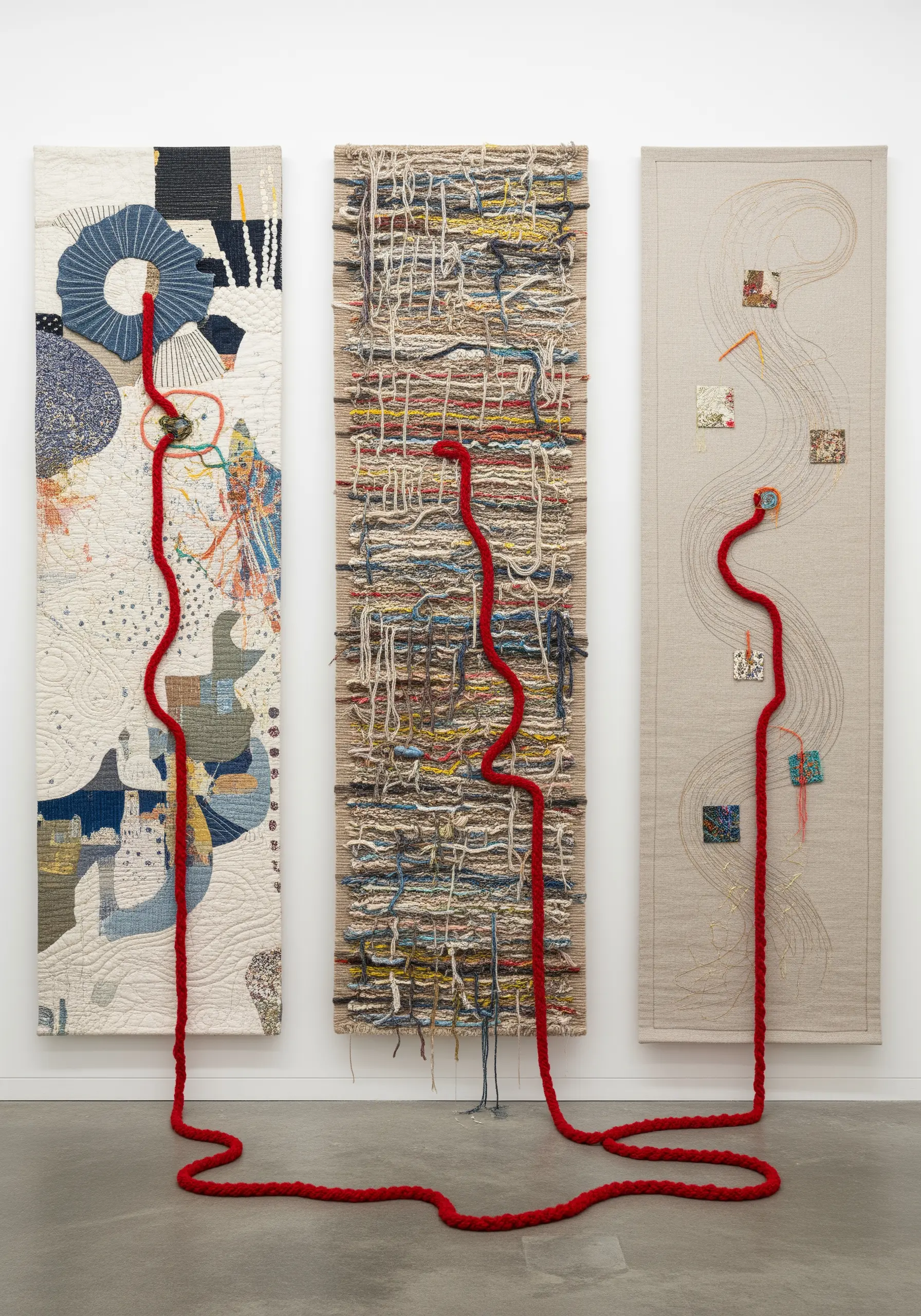 Three vertical textile art panels of different styles, all connected by a single red cord.