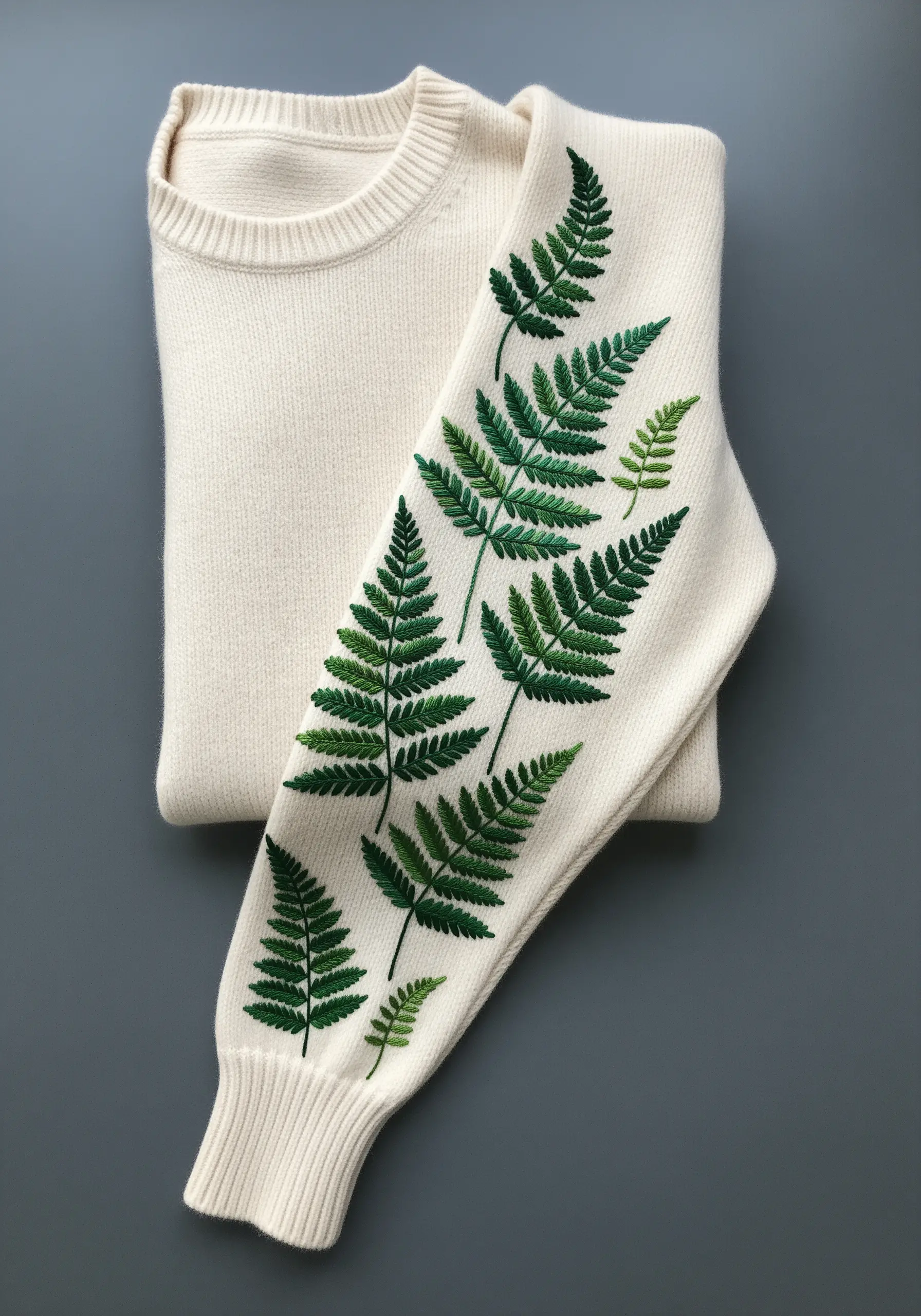 A cascade of green embroidered ferns trailing down the sleeve of a cream sweater.