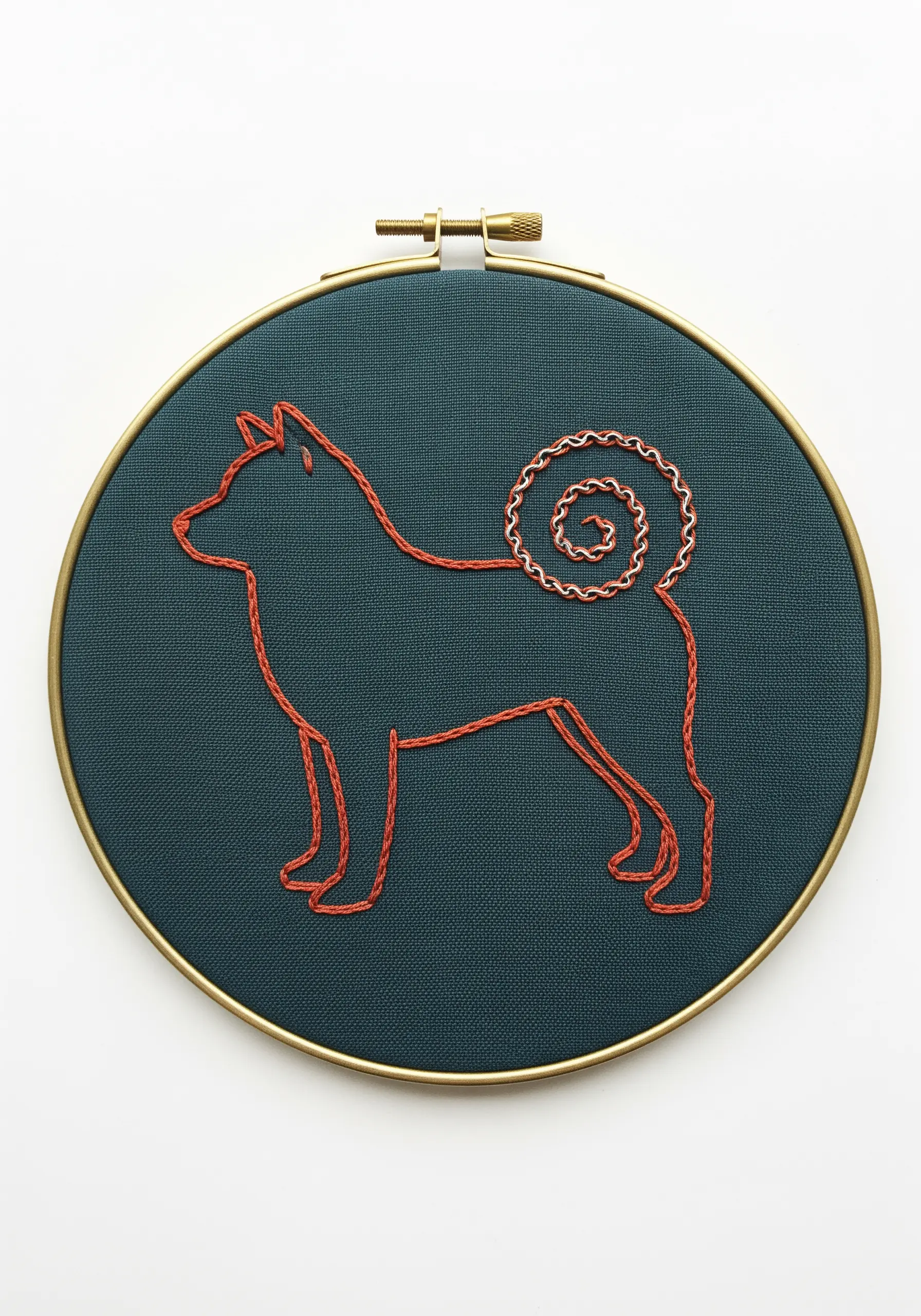 Minimalist outline of a Shiba Inu, with its curled tail stitched in a decorative pattern.