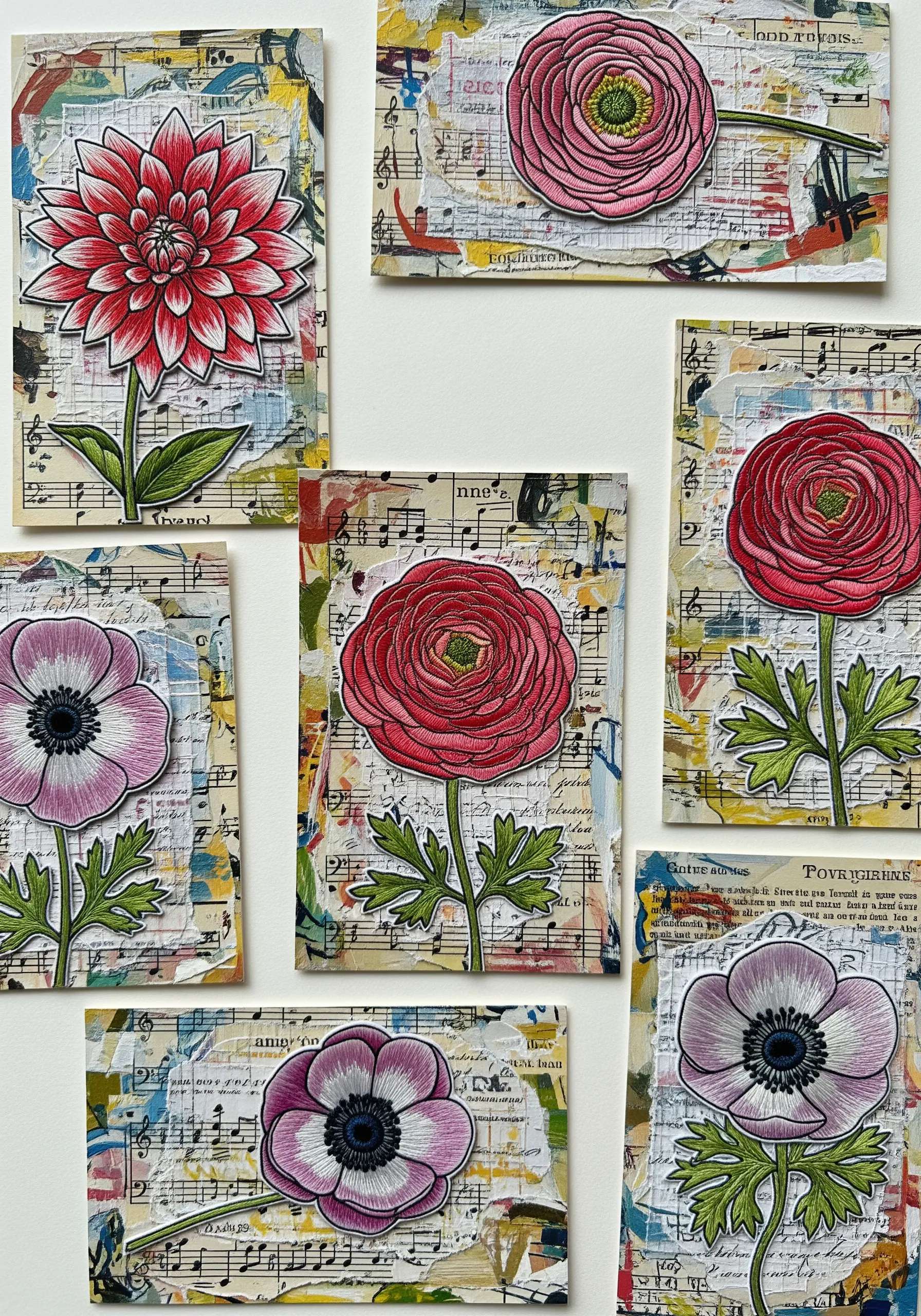 Embroidered floral motifs mounted on cards with a collage background of sheet music.