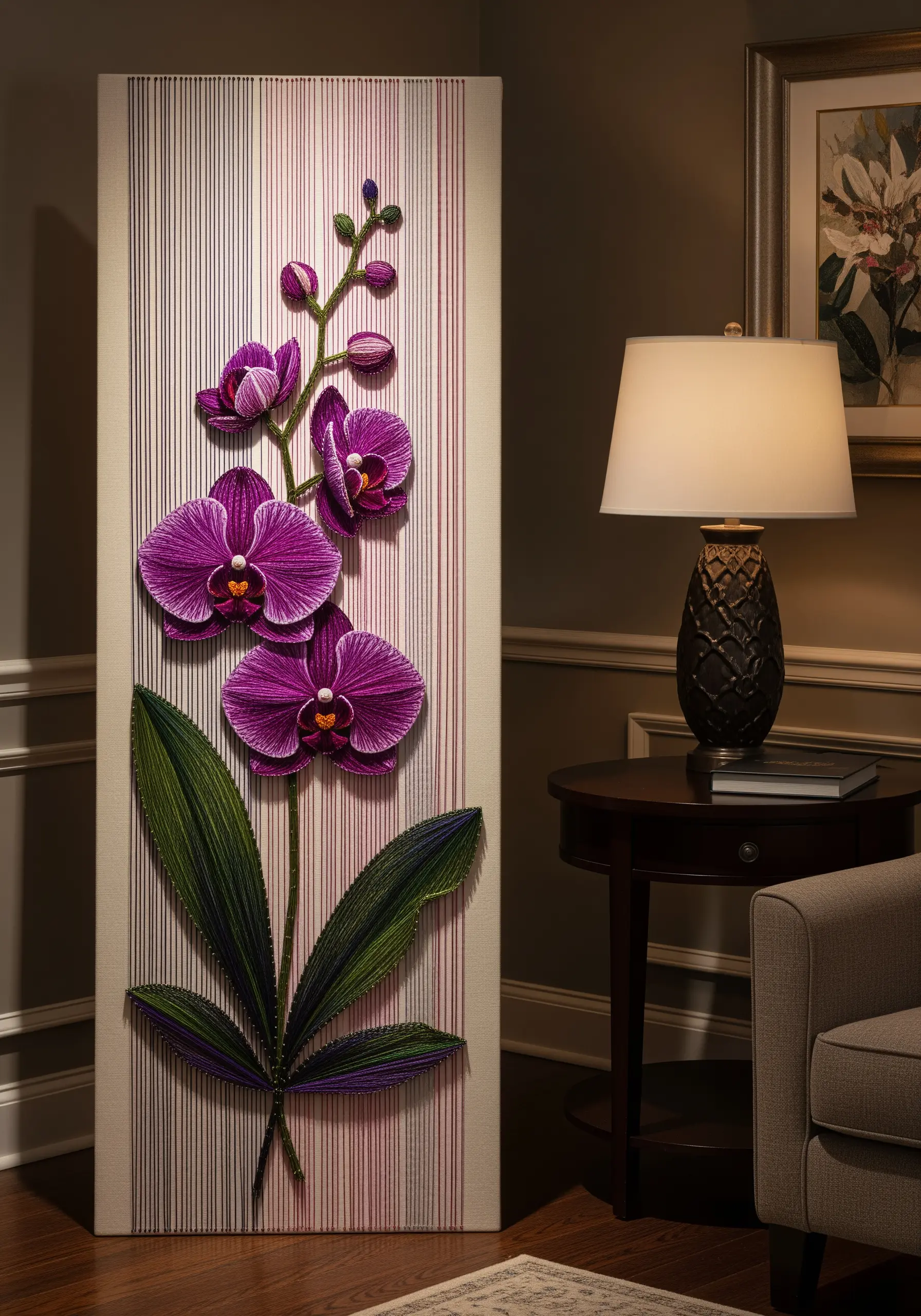 String art of a purple orchid against a vertically striped thread background.