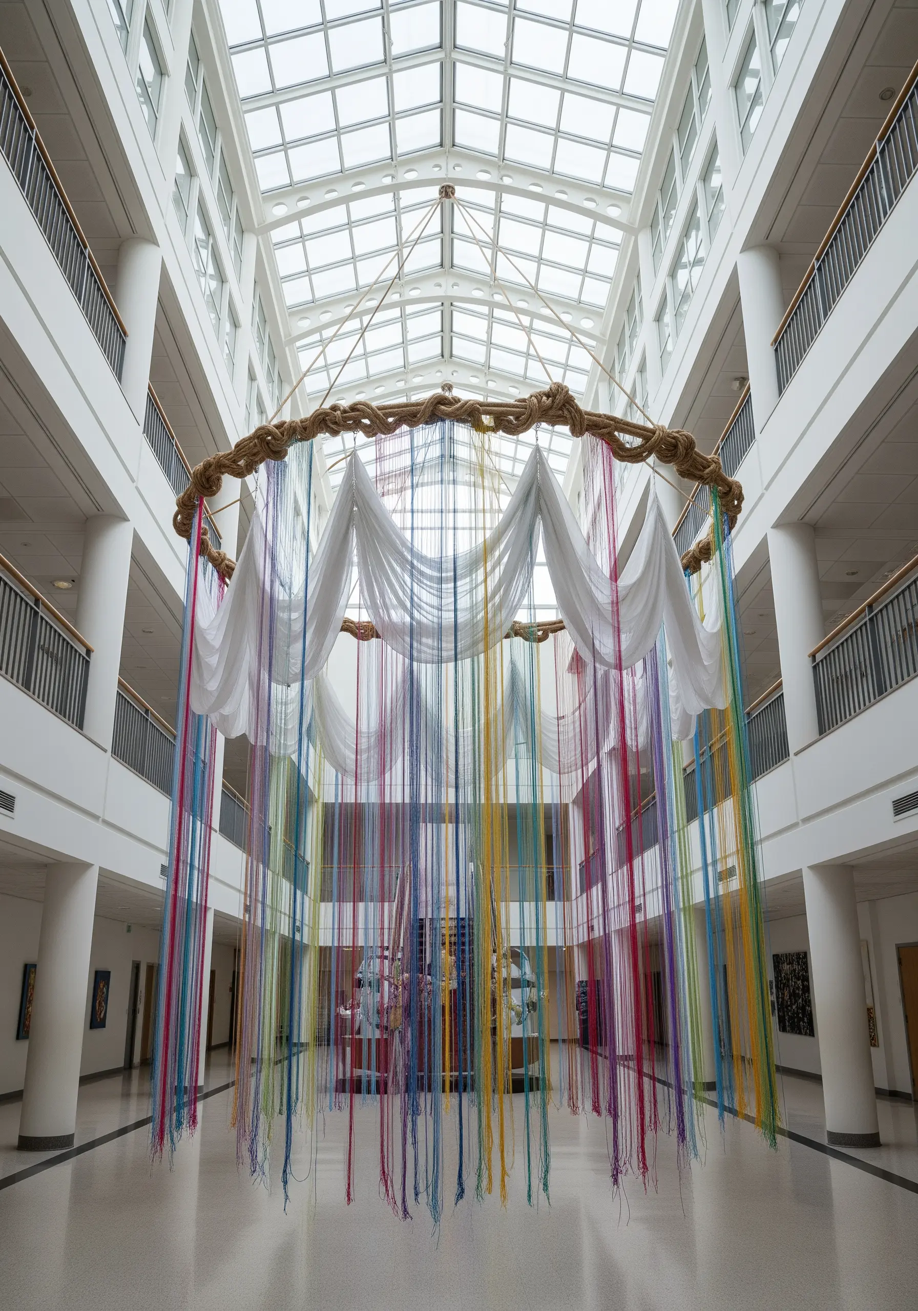 A large fiber art installation with rainbow yarn and white fabric hanging from a hoop in a tall atrium.