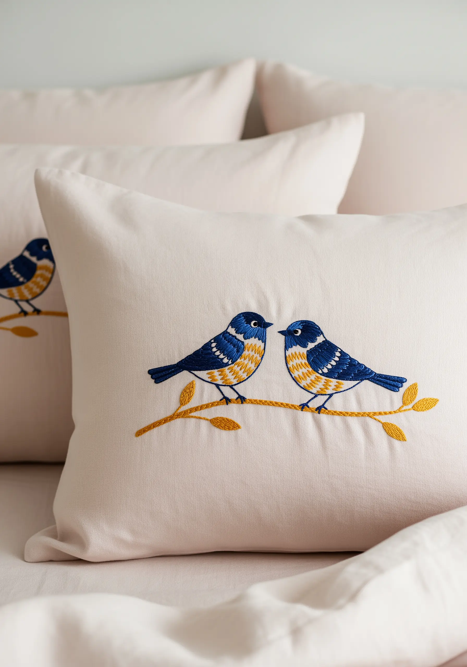 Two small birds with blue and yellow color-blocked feathers embroidered on a cream pillow.