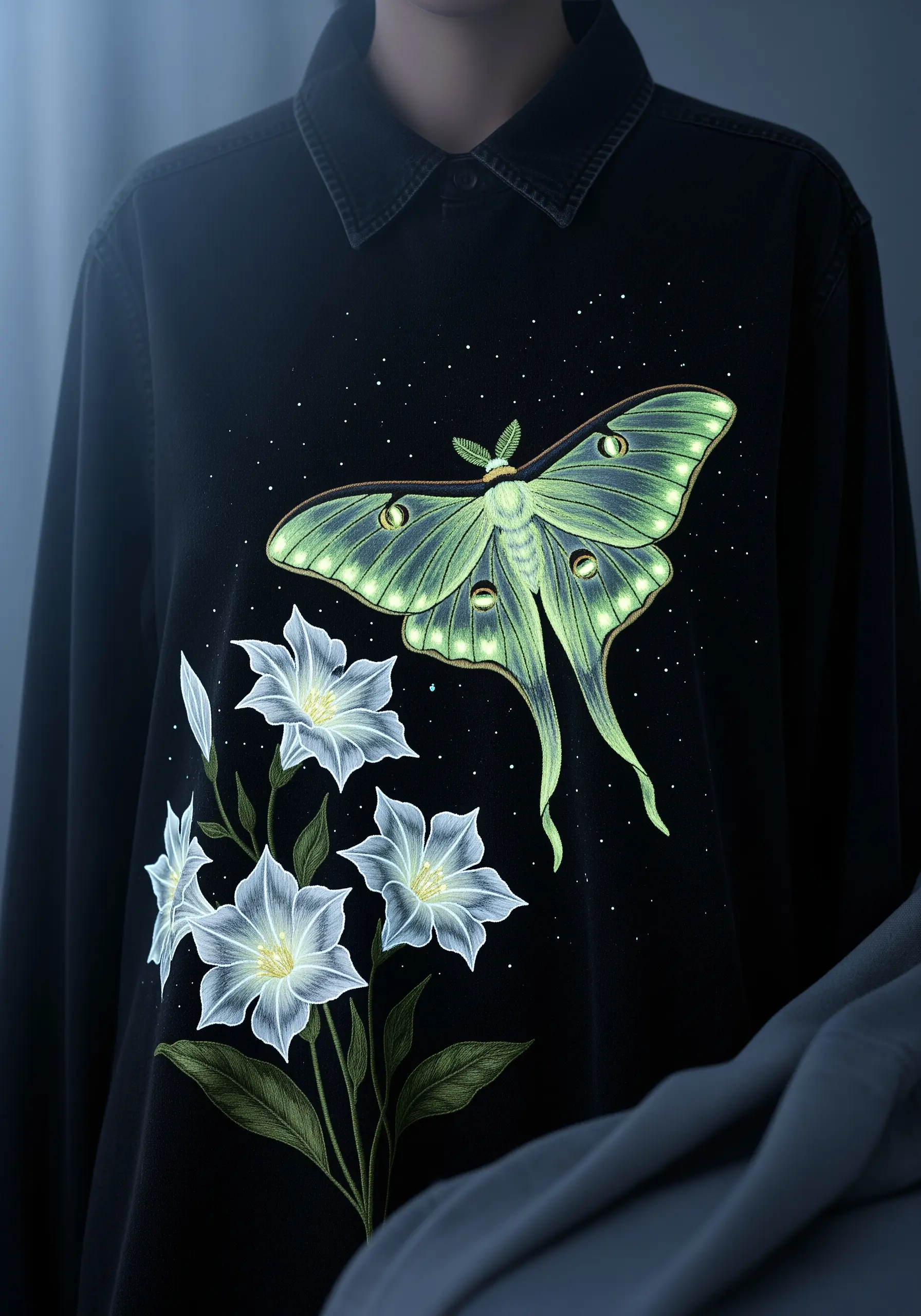 A large, glowing Luna moth and white flowers embroidered on a black sweatshirt.