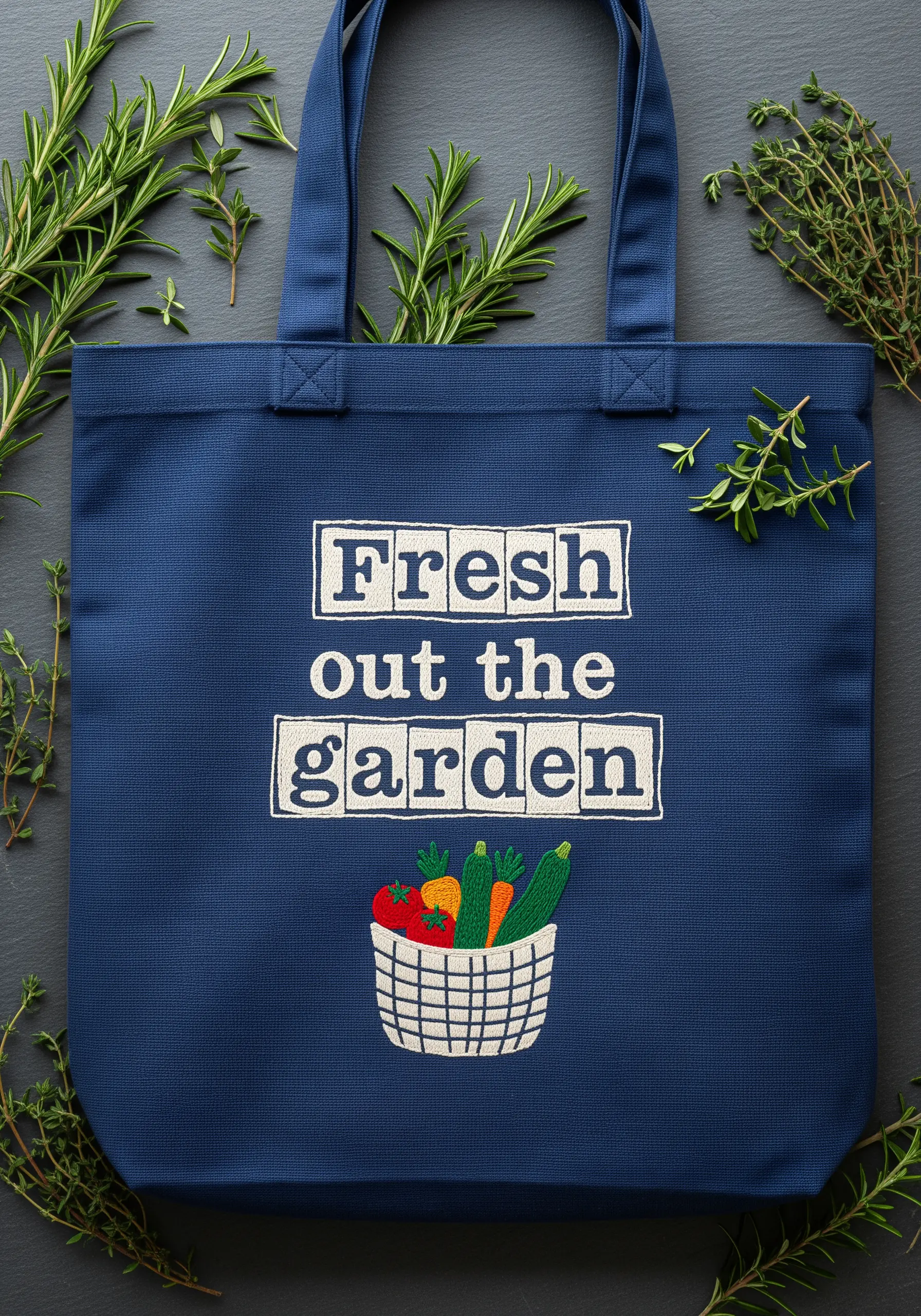 Navy blue tote with block lettering 'Fresh out the garden' and a vegetable basket.