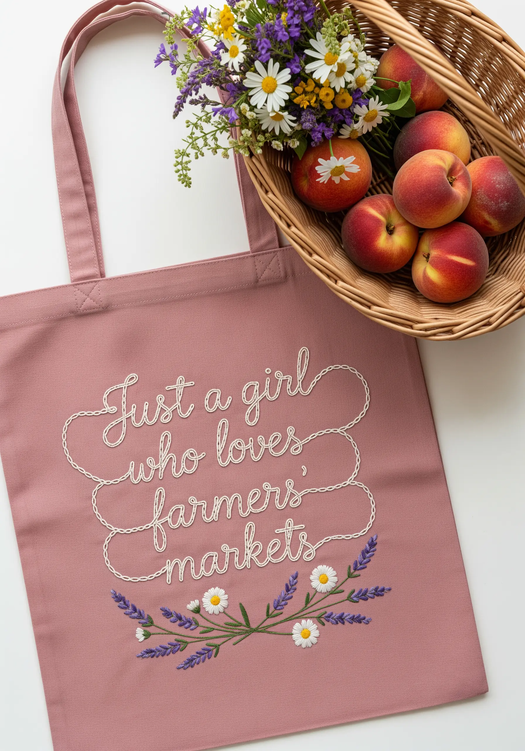Elegant script embroidery on a pink tote bag, framed by lavender and daisy motifs.