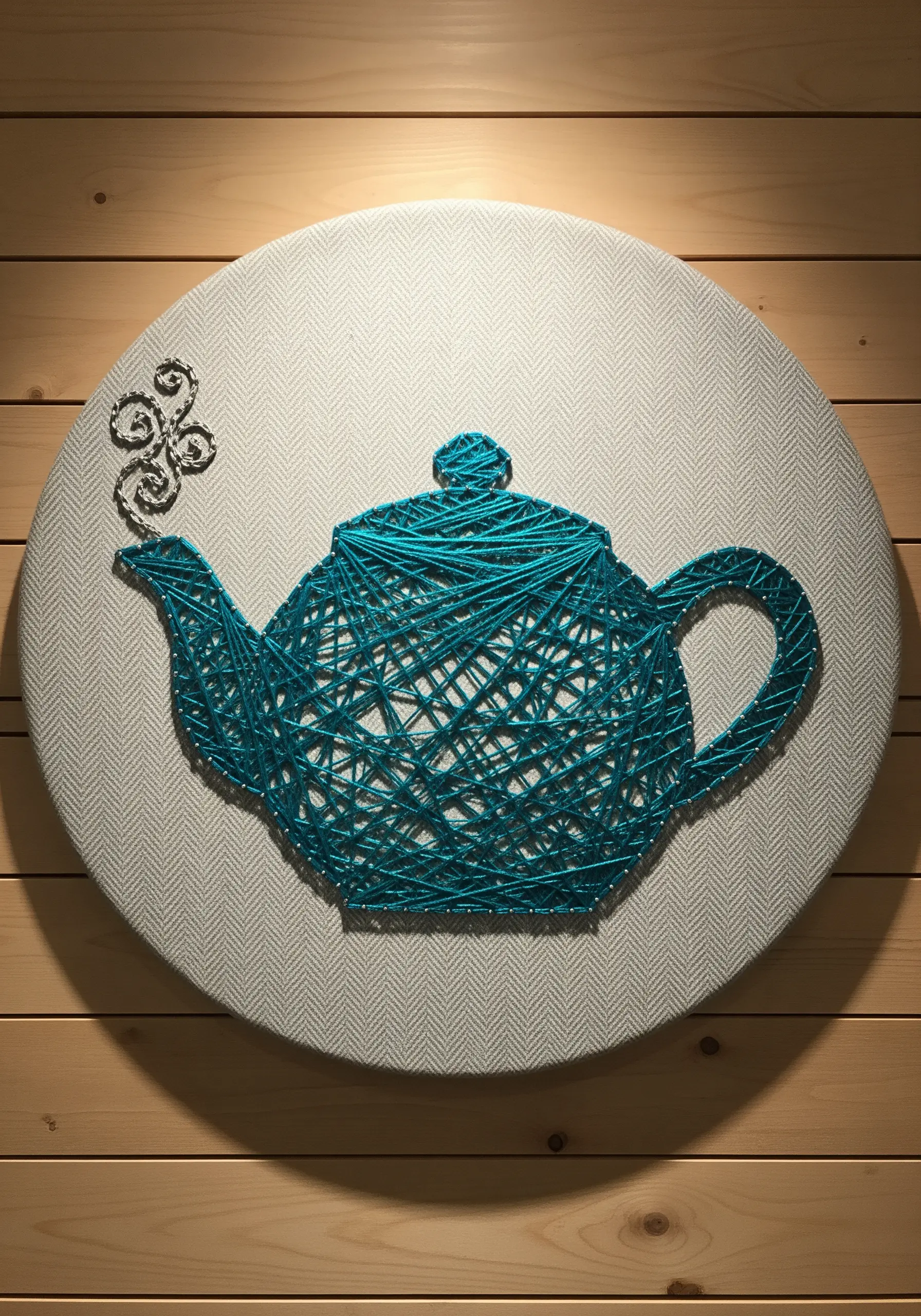 A turquoise teapot silhouette filled with a vibrant, dense web of straight stitches.