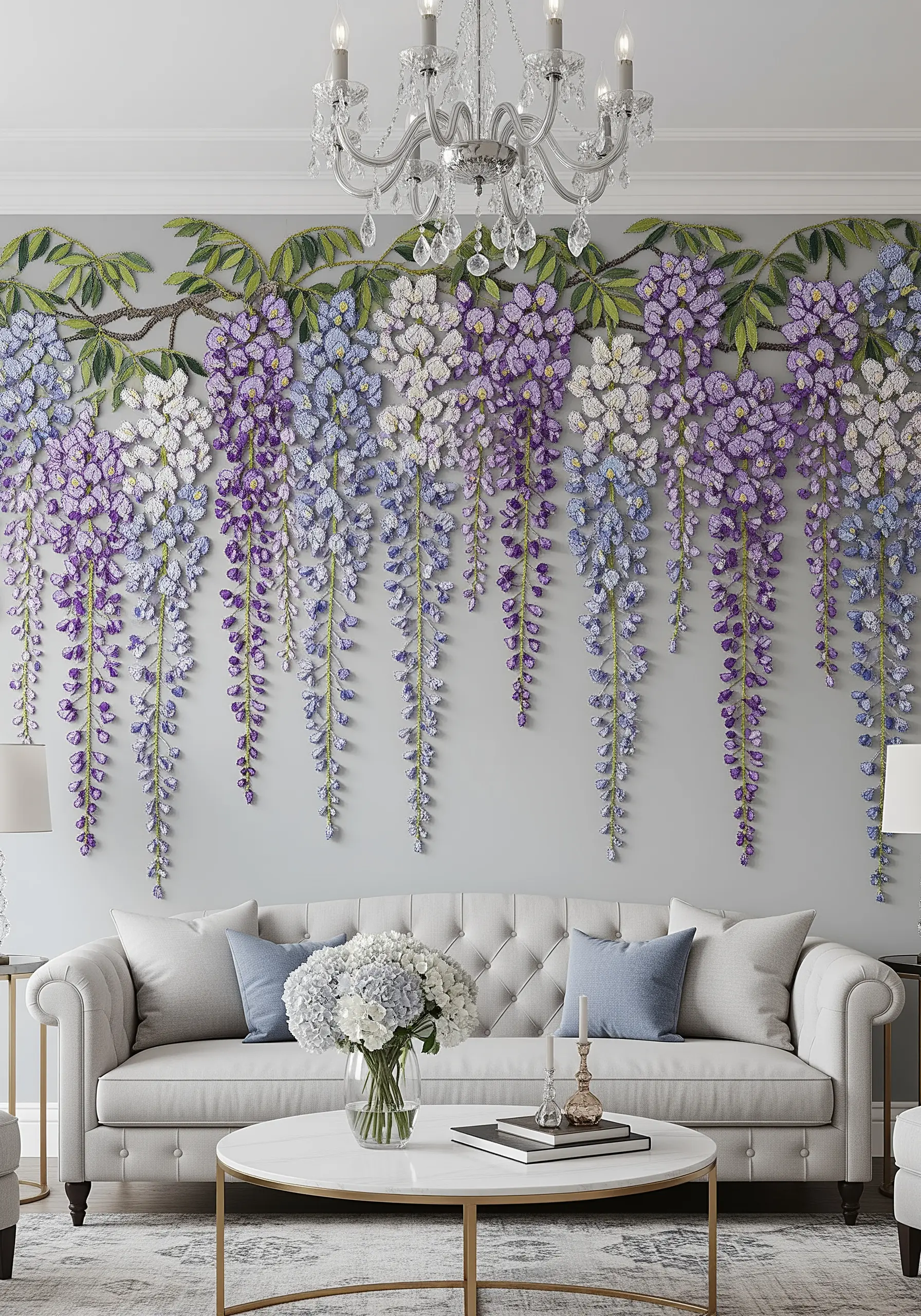 An elaborate wall installation of cascading purple, blue, and white wisteria flowers.