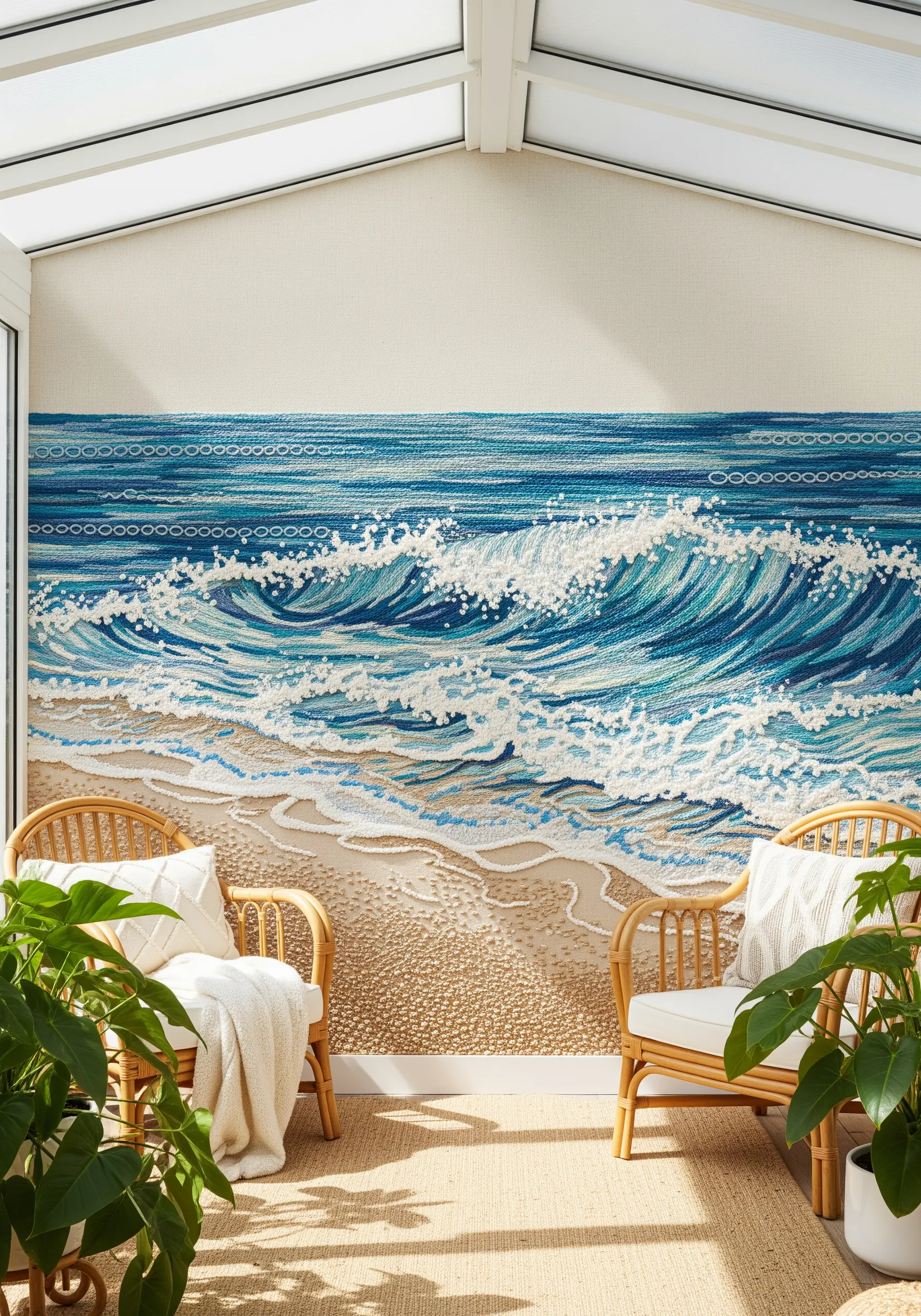 Embroidered ocean wave mural using directional satin stitches and French knots for sea foam.