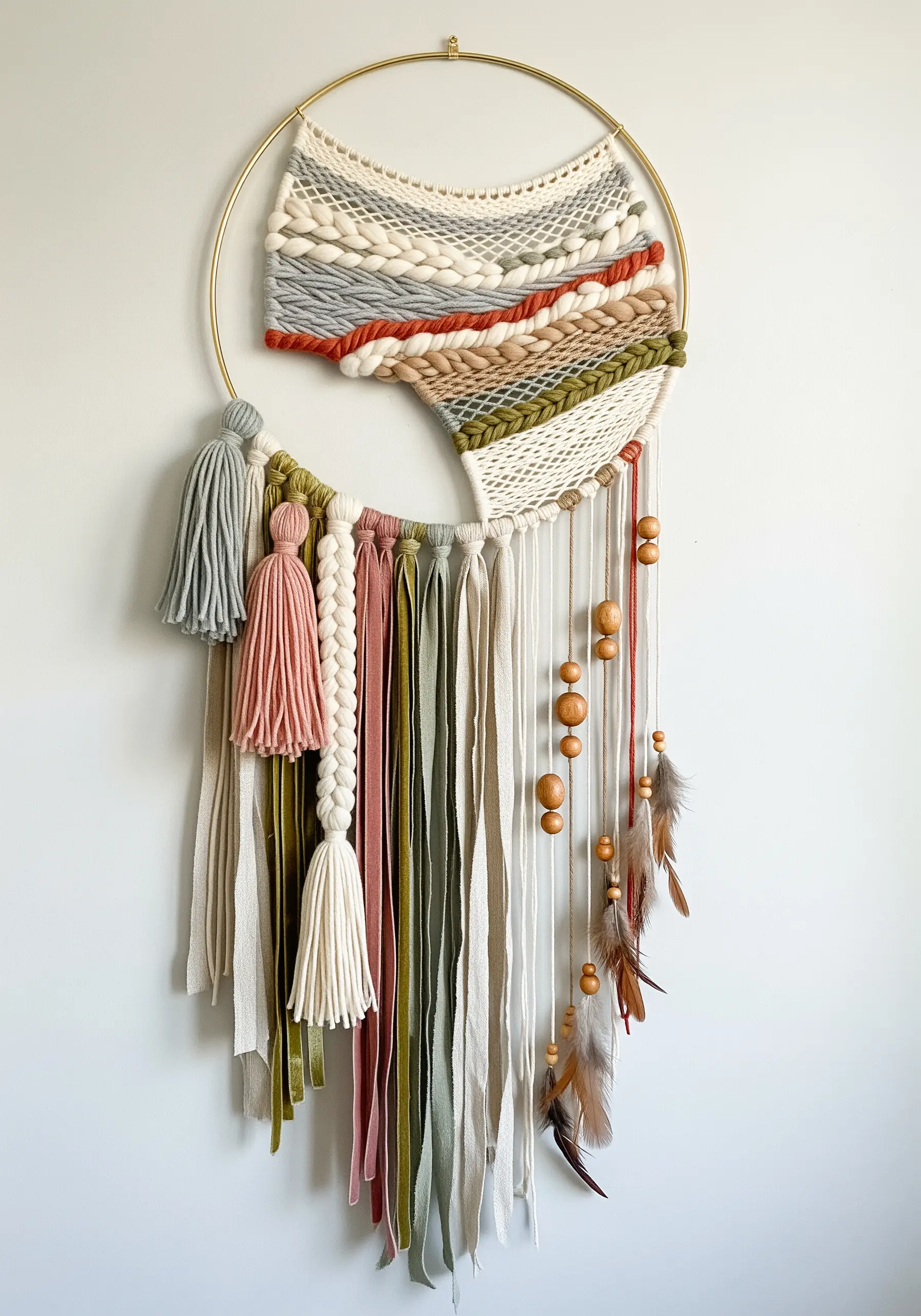 A woven wall hanging on a brass hoop with an asymmetrical design and long, colorful tassels.