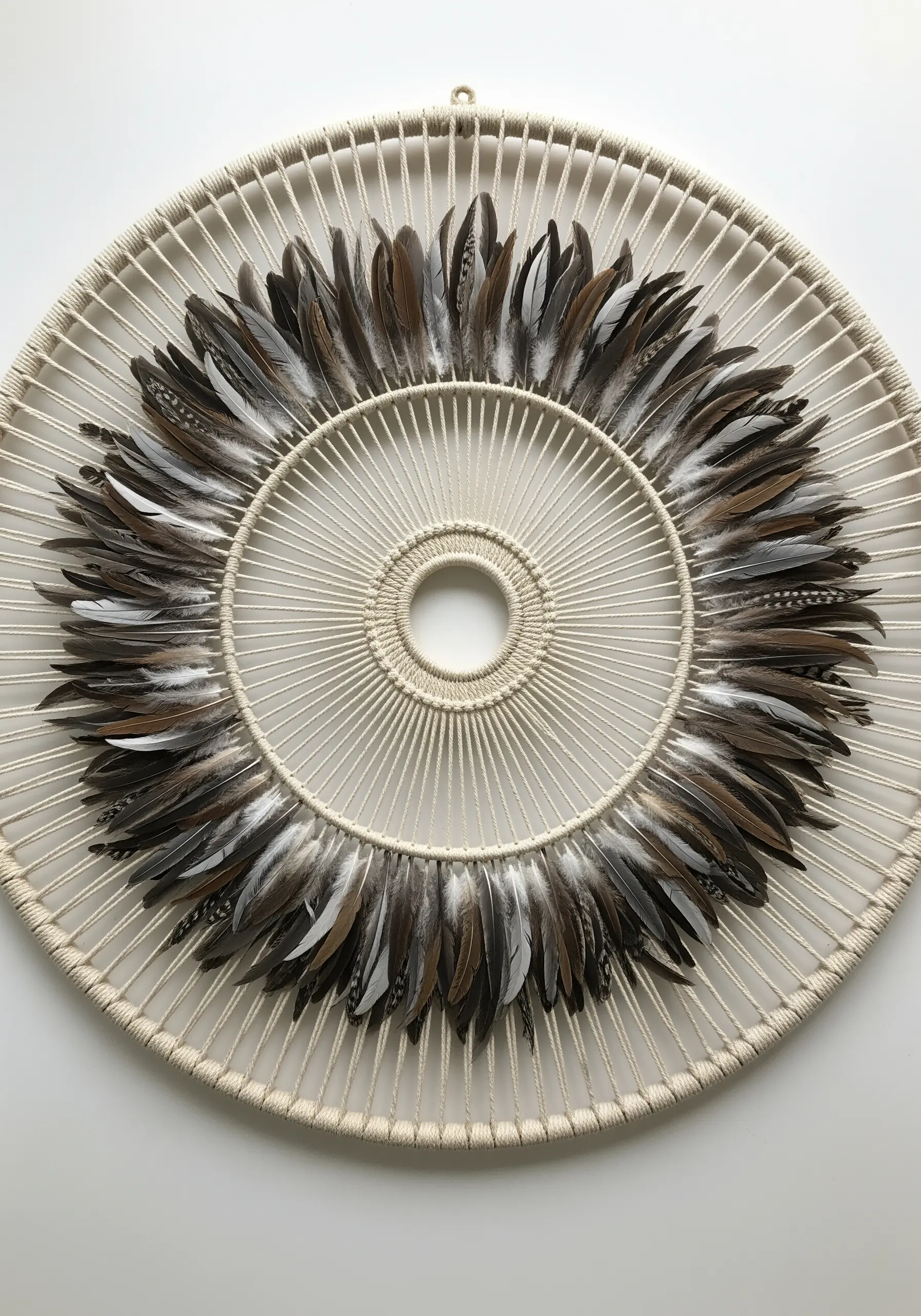 A large circular wall hanging with string spokes and a ring of woven brown feathers.