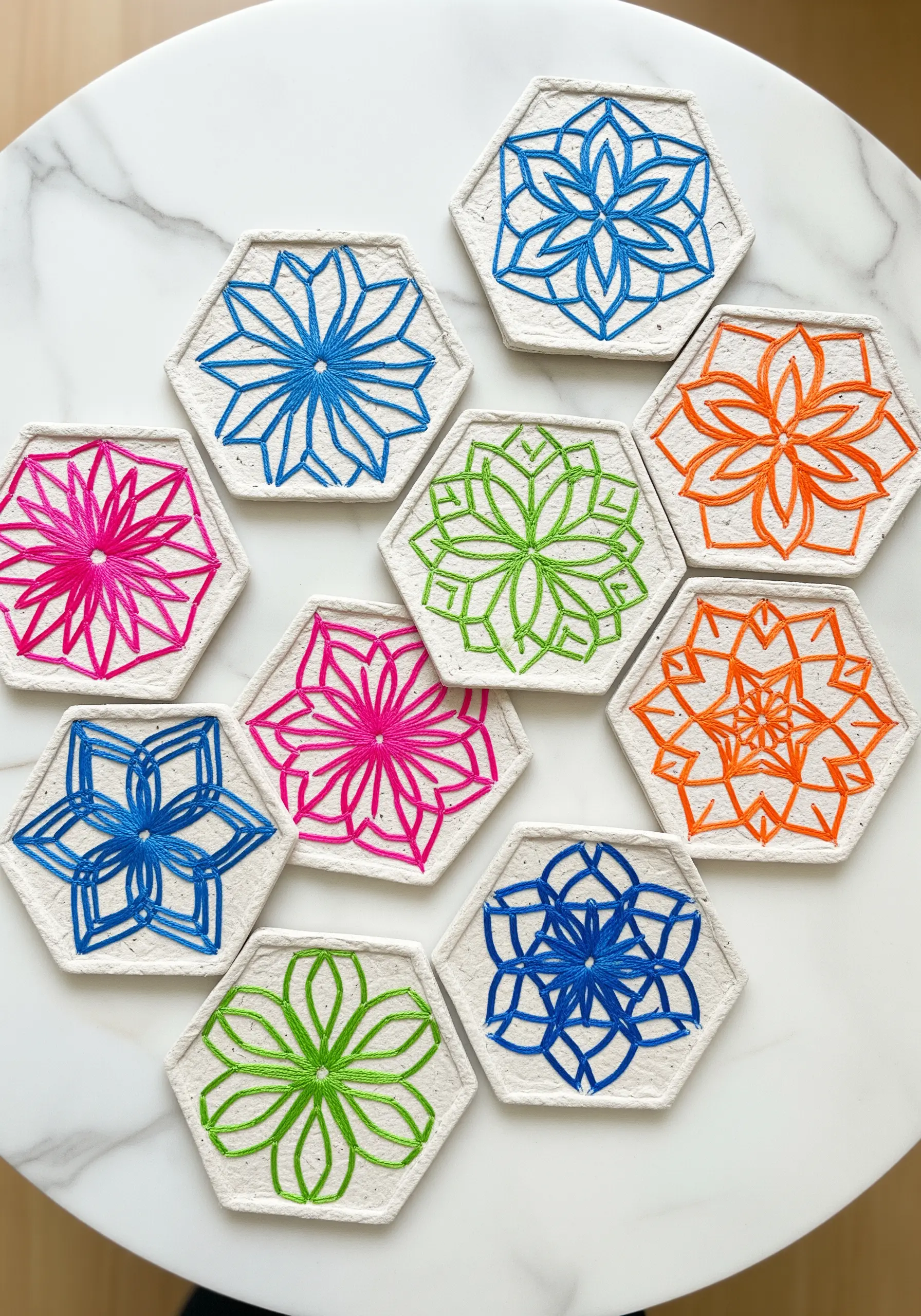Hexagonal paper coasters decorated with geometric floral patterns made from colorful string art.
