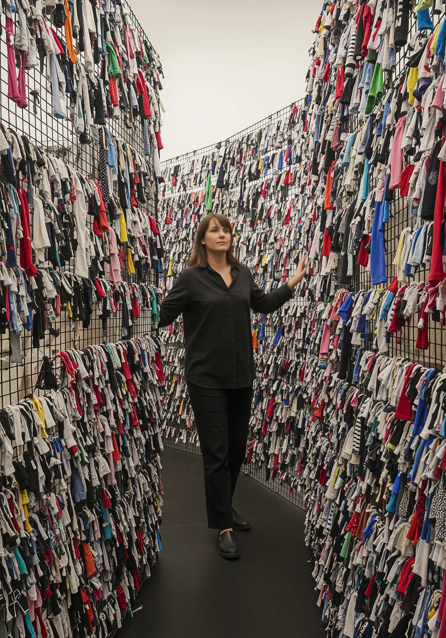 A narrow hallway with walls made of countless pieces of knotted and tied clothing.