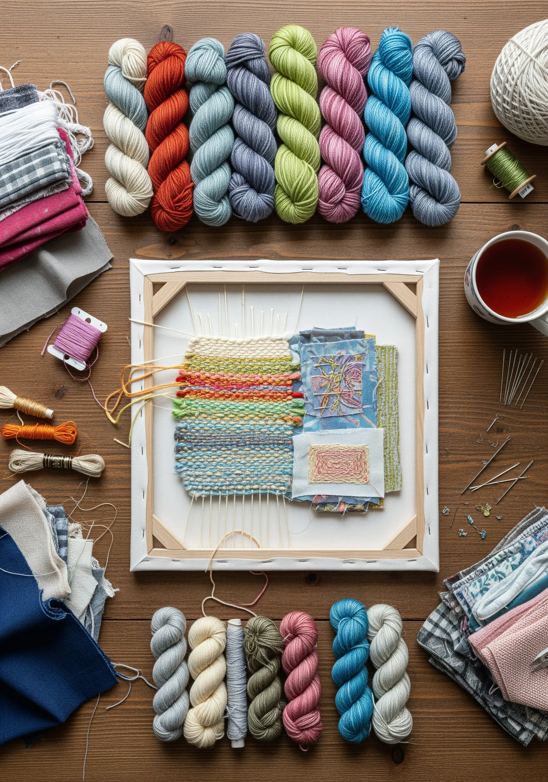 A work-in-progress weaving on a loom made from a stretched canvas frame, surrounded by yarn.