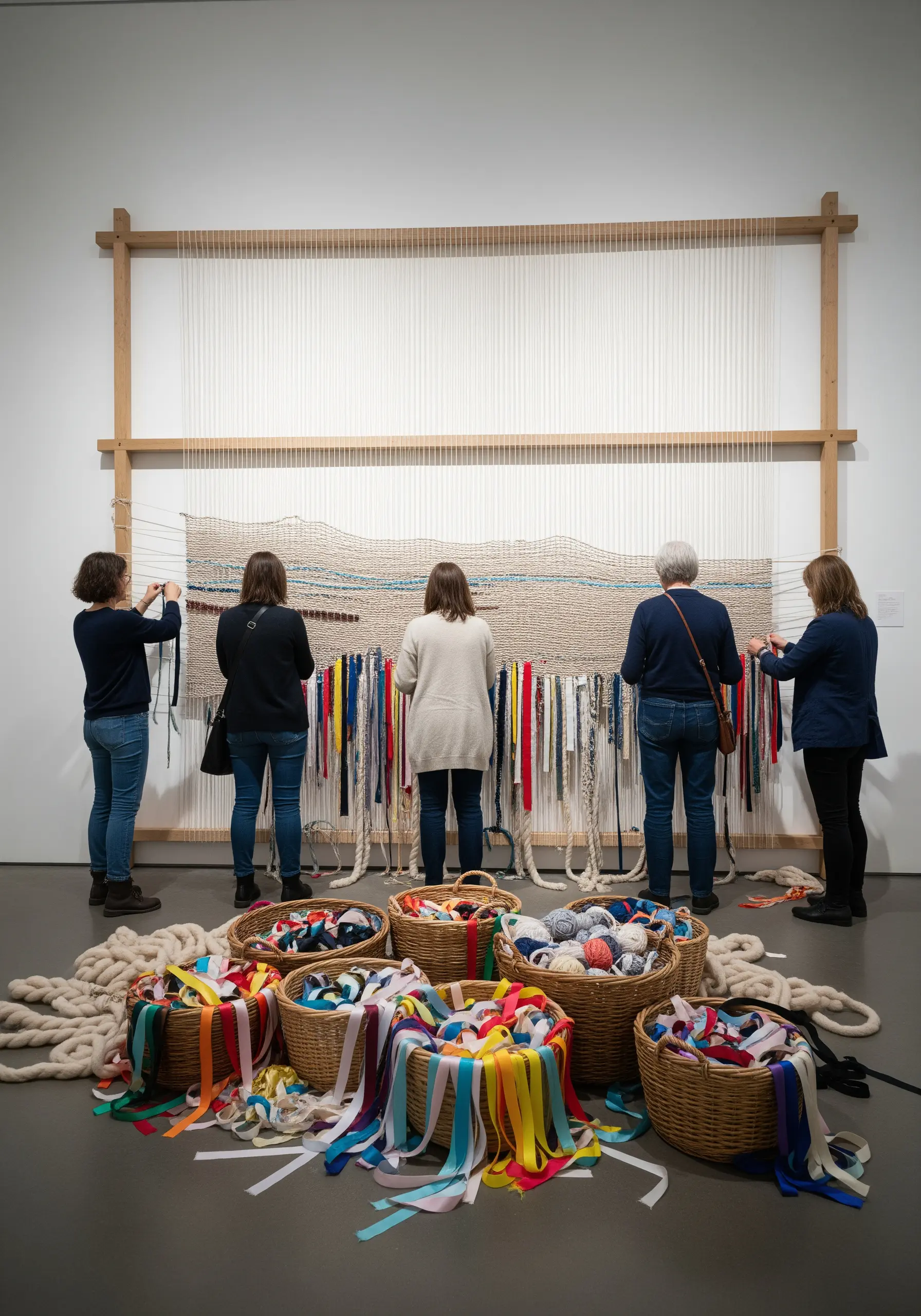 A large loom where people are weaving with colorful strips of fabric, yarn, and ribbon.