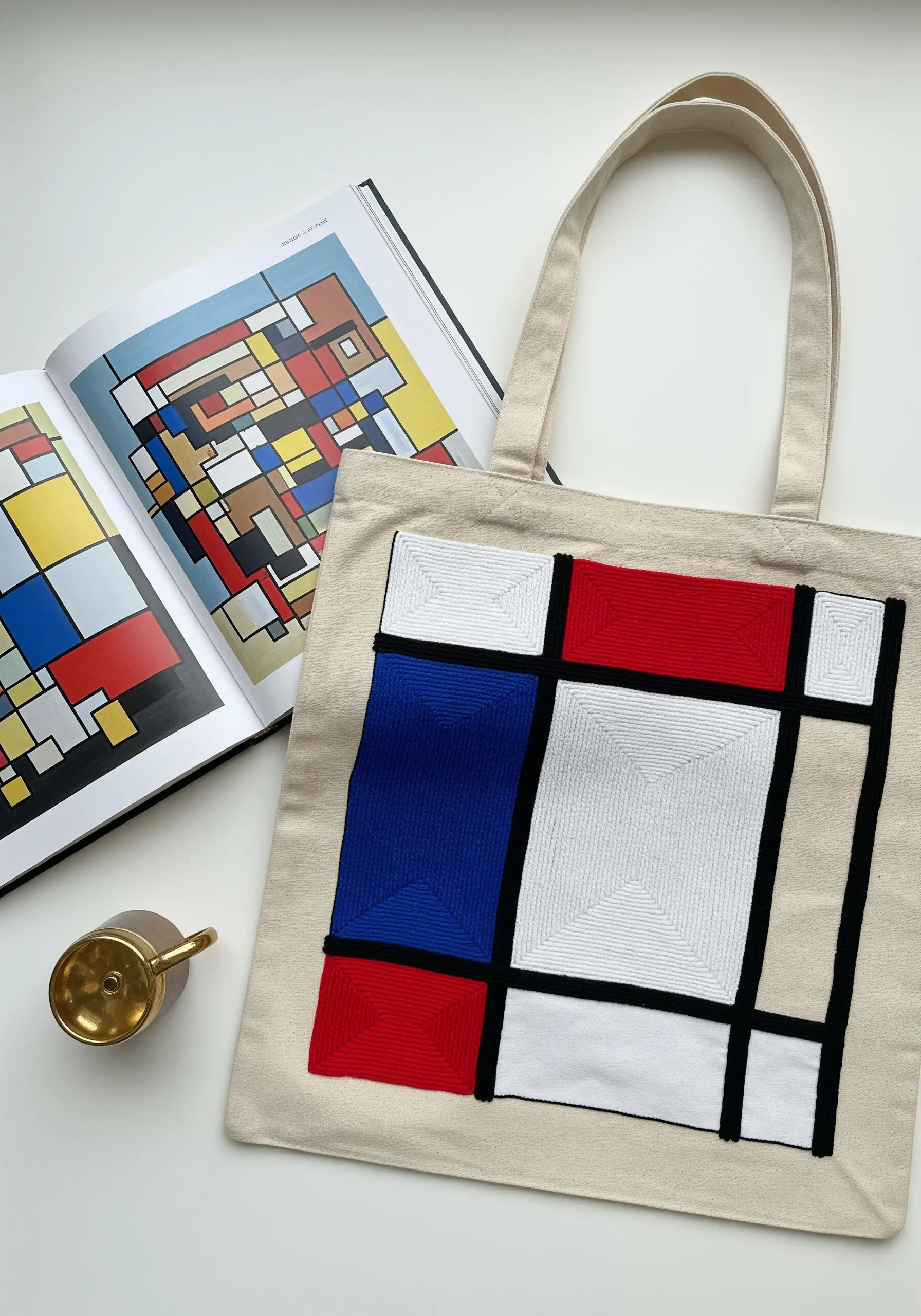 Mondrian-inspired geometric design on a tote bag using a woven stitch texture.