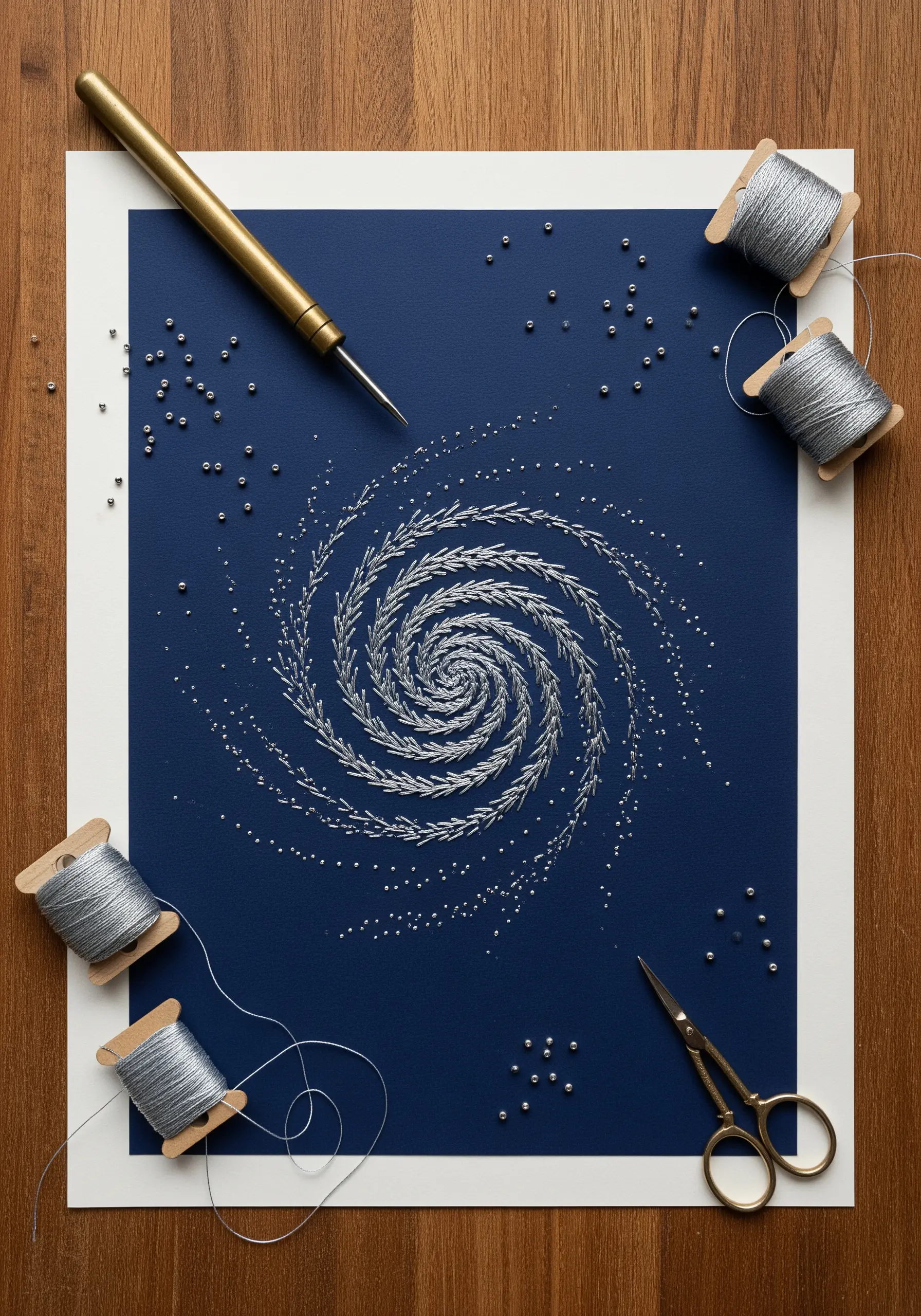 A silver metallic thread spiral stitched on navy paper, accented with scattered silver beads.