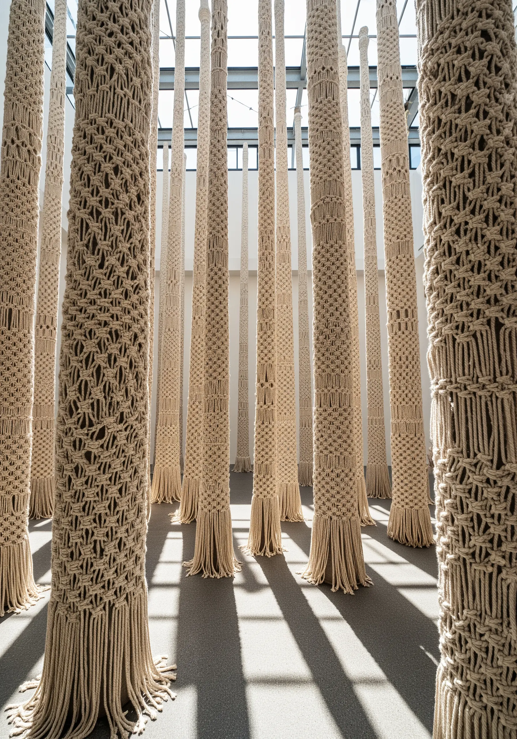 Macrame knots covering tall columns, creating a forest of texture.